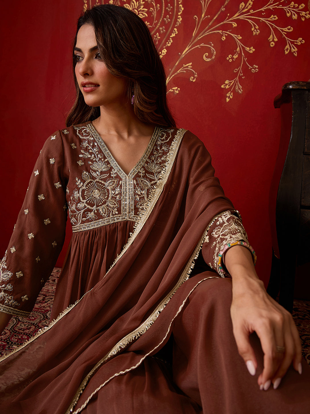 Janasya Women's Brown Georgette Floral Yoke Embroidered A-Line Kurta with Sharara and Dupatta Set