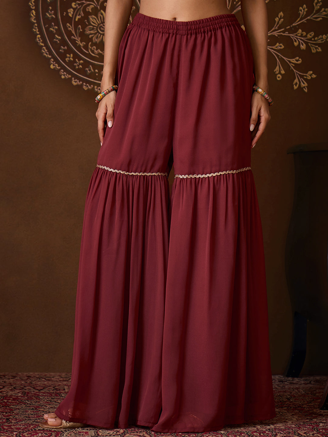 Janasya Women's Brown Georgette Floral Yoke Embroidered A-Line Kurta with Sharara and Dupatta Set