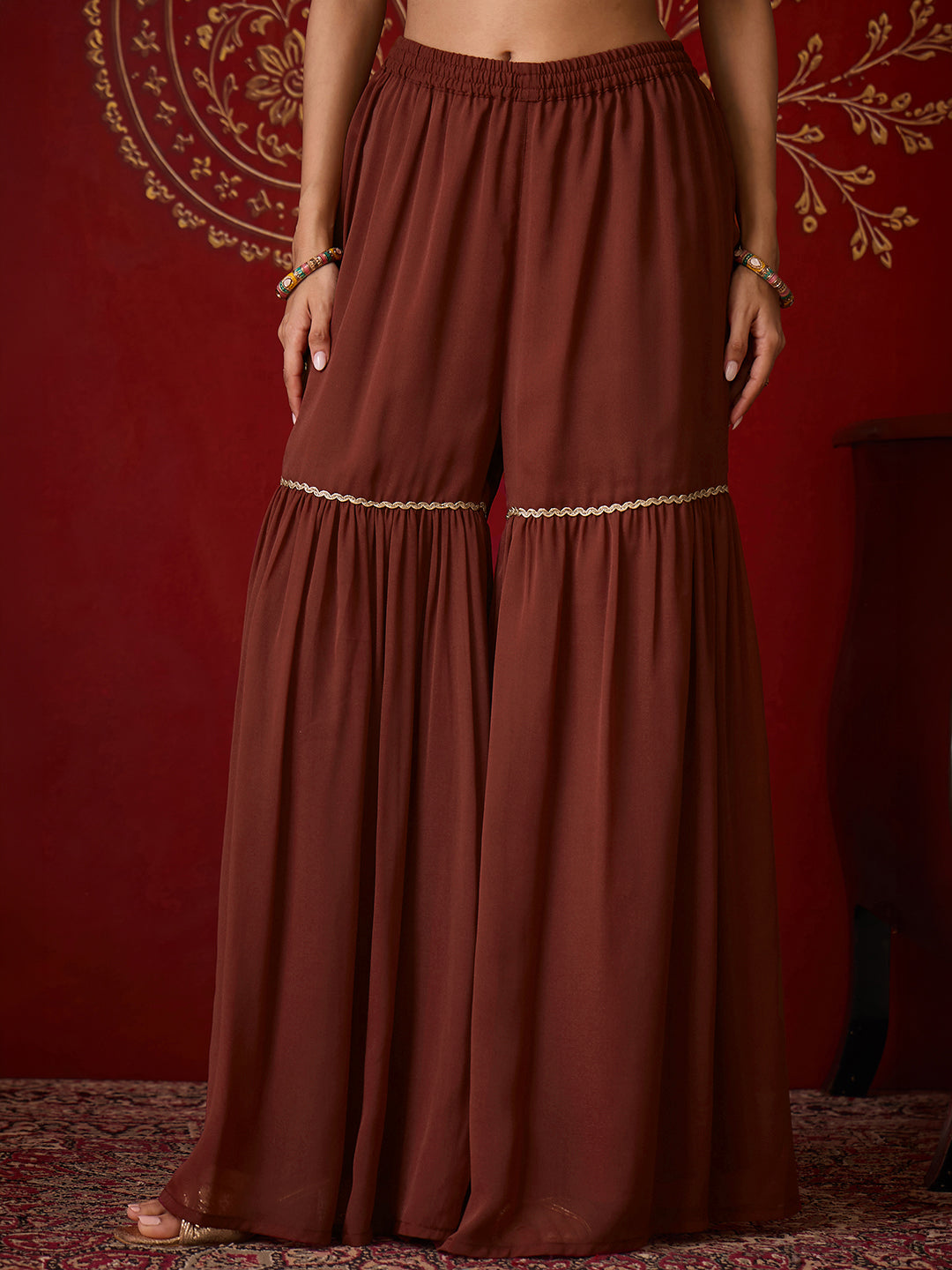 Janasya Women's Brown Georgette Floral Yoke Embroidered A-Line Kurta with Sharara and Dupatta Set