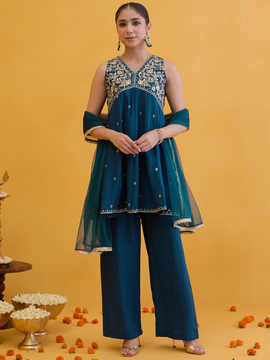 Janasya Women's Teal Blue Chanderi Silk Floarl Zari Embroidered Peplum Kurta with Palazzo & Duppatta Set