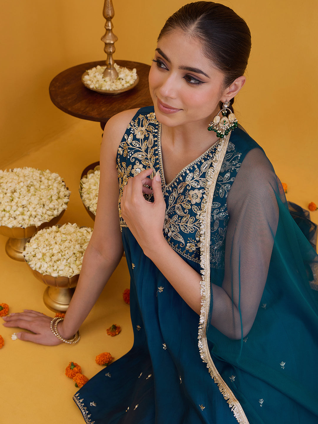 Janasya Women's Teal Blue Chanderi Silk Floarl Zari Embroidered Peplum Kurta with Palazzo & Duppatta Set