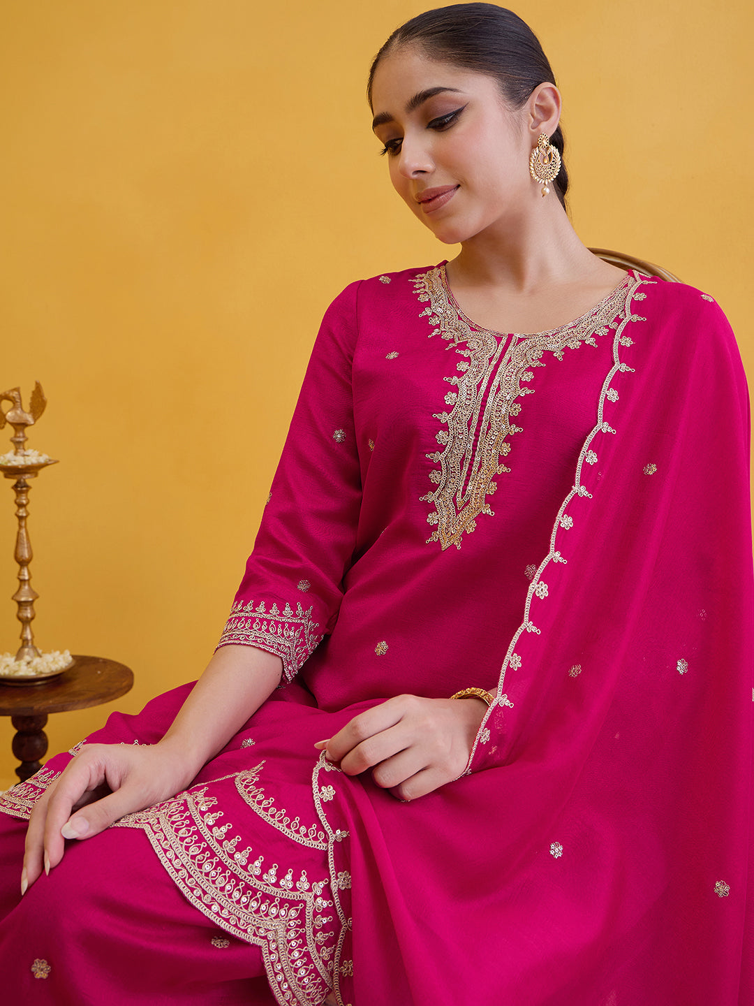 Janasya Women's Pink Silk Blend Floral Zari Embroidered Straight Kurta with Palazzo and Dupatta Set