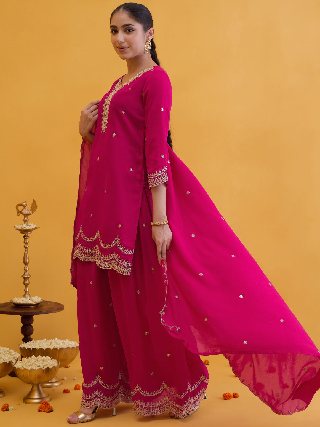 Janasya Women's Pink Silk Blend Floral Zari Embroidered Straight Kurta with Palazzo and Dupatta Set