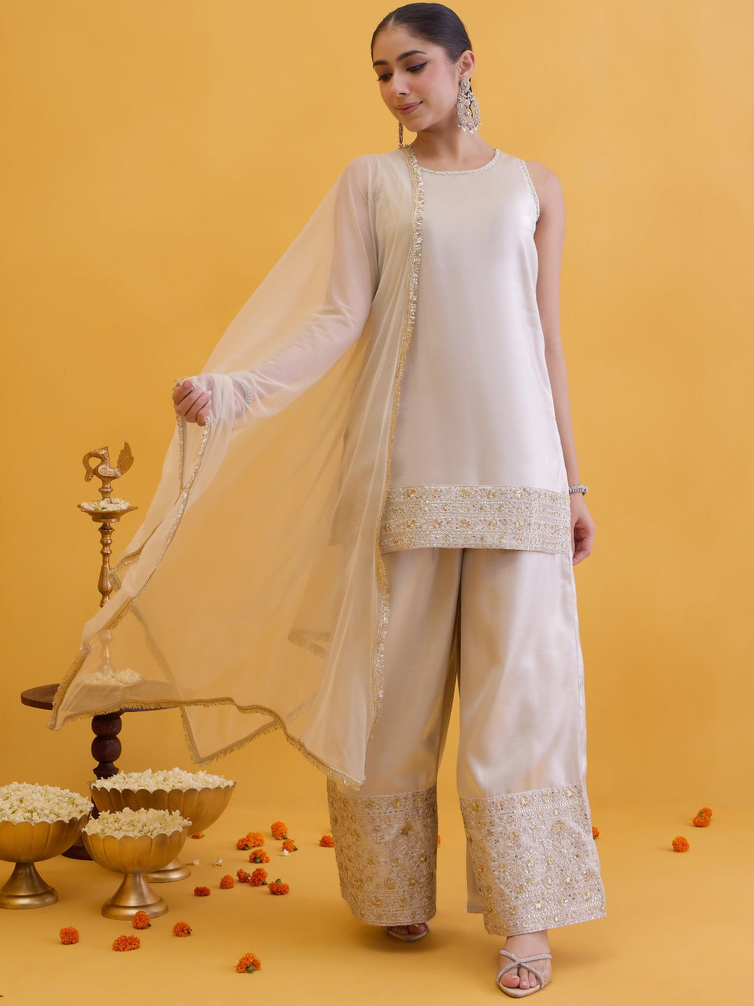 Janasya Women's Champagne Silk Blend Embellished Straight Kurta with Sharara and Dupatta Set