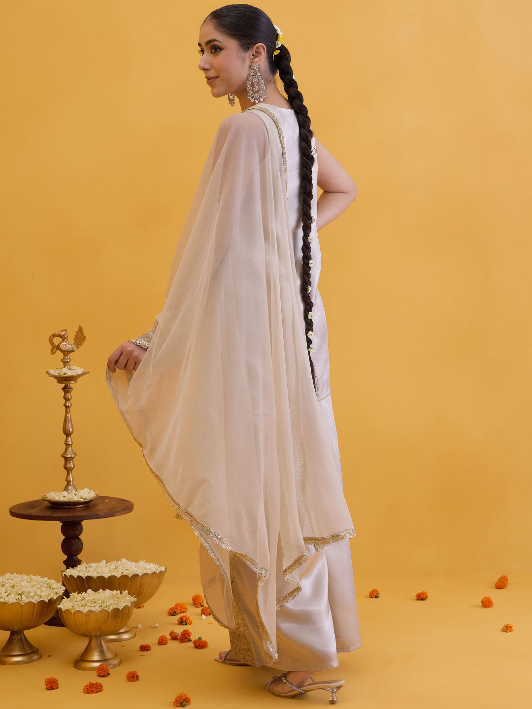 Janasya Women's Champagne Silk Blend Embellished Straight Kurta with Sharara and Dupatta Set