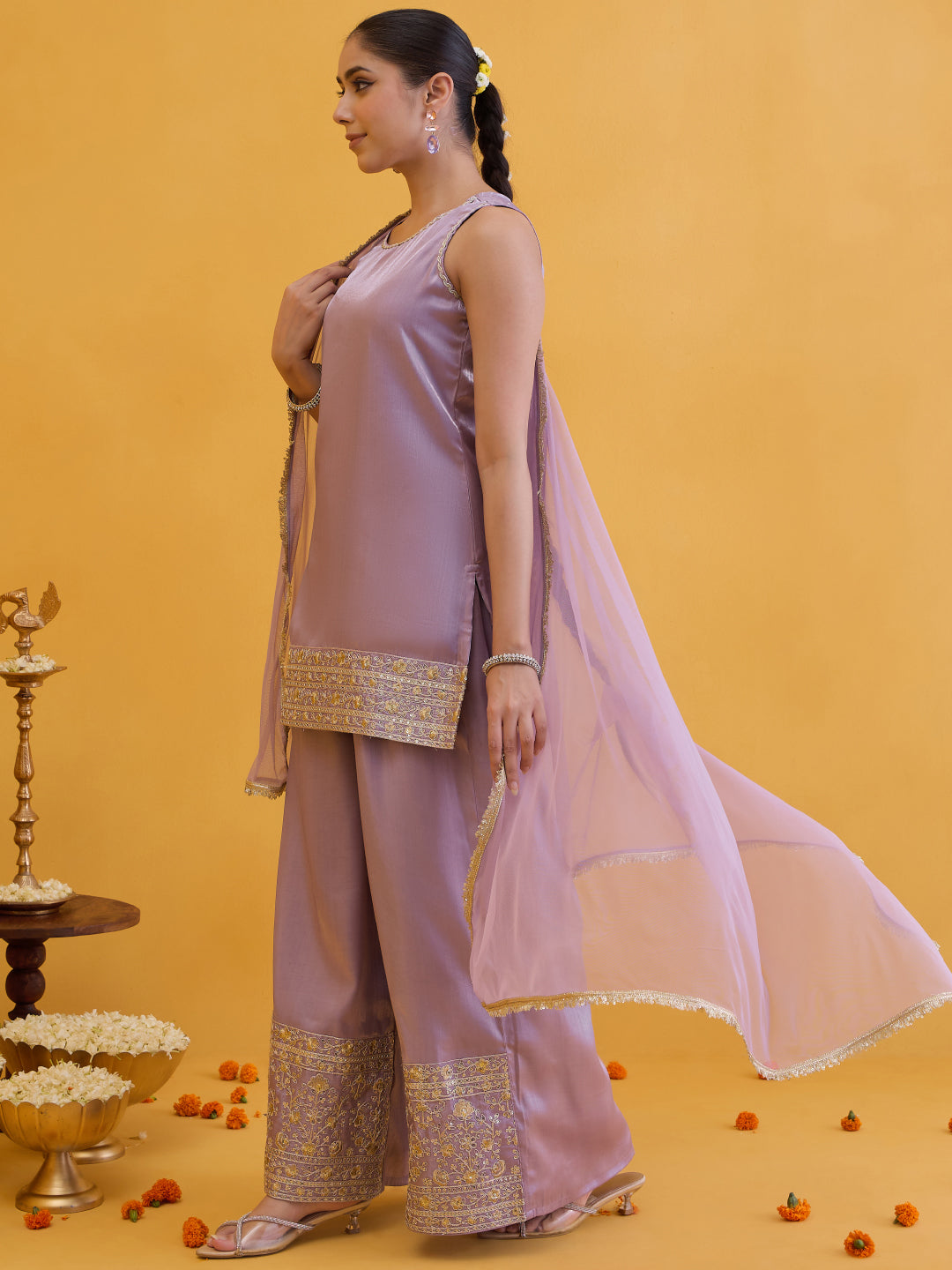 Janasya Women's Lavender Silk Blend Embellished Straight Kurta with Palazzo and Dupatta Set