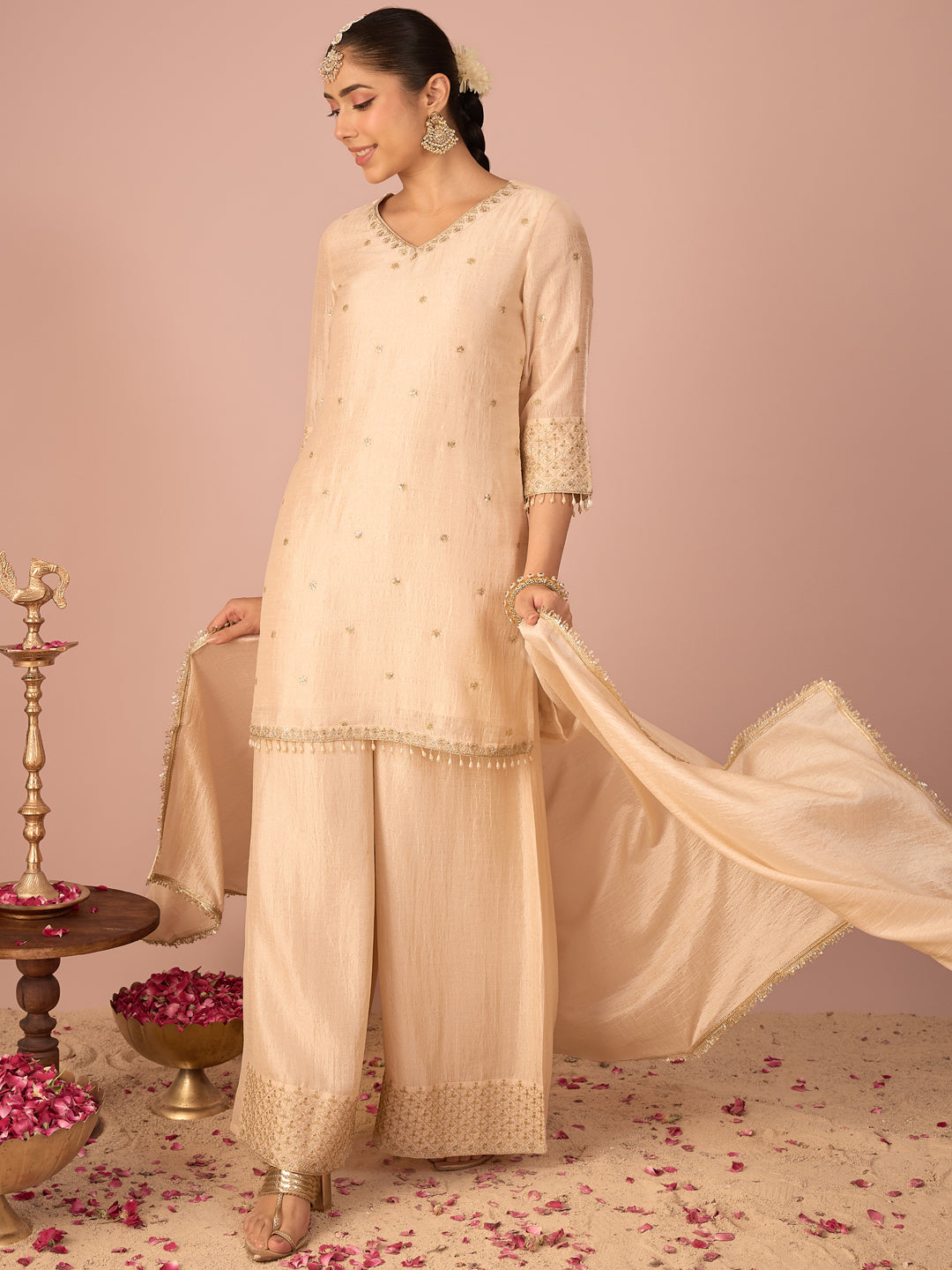 Janasya Women's Beige Silk Blend Beads Zari Embroidered Straight Kurta with Palazzo And Dupatta Set
