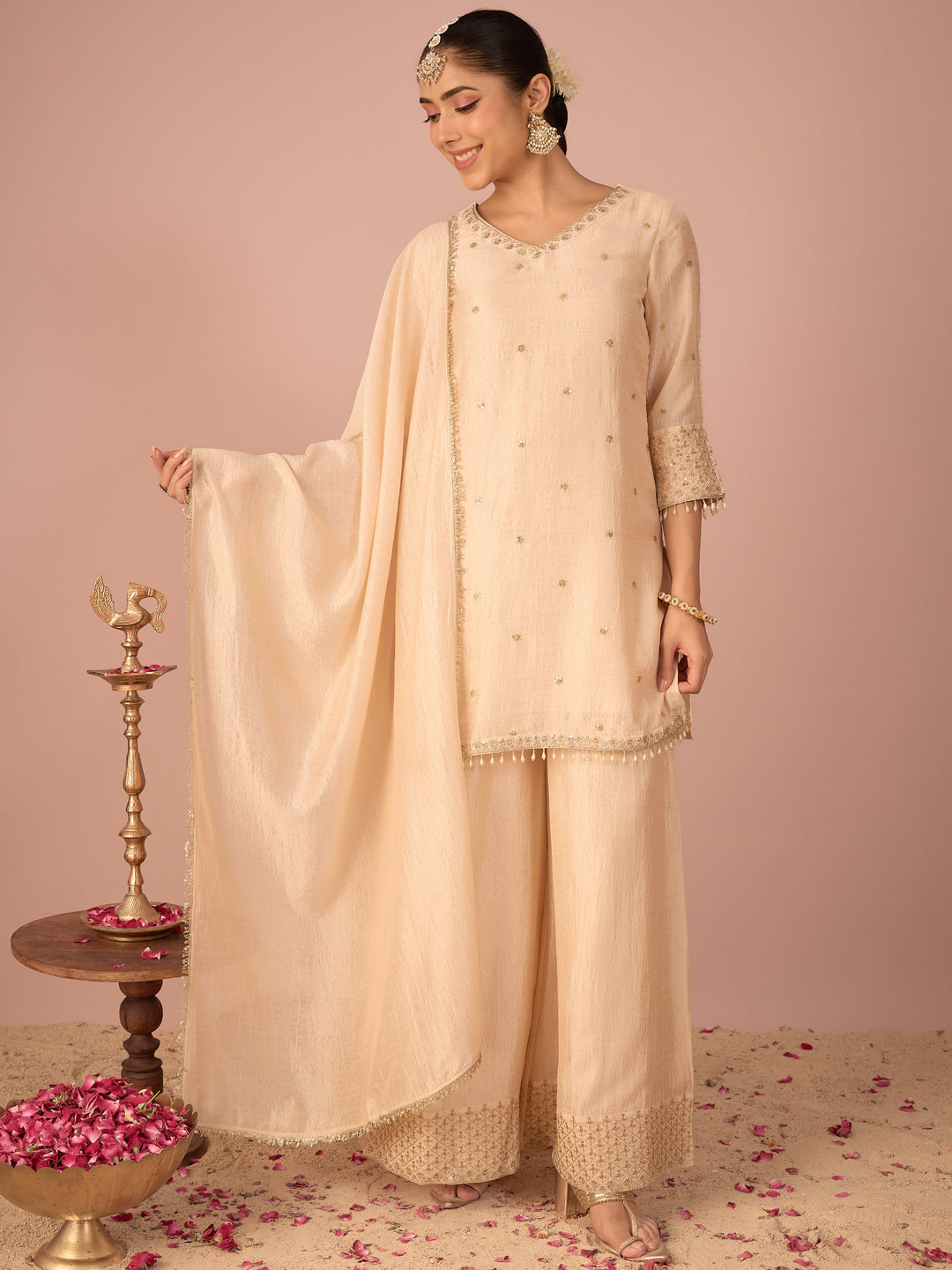 Janasya Women's Beige Silk Blend Beads Zari Embroidered Straight Kurta with Palazzo And Dupatta Set