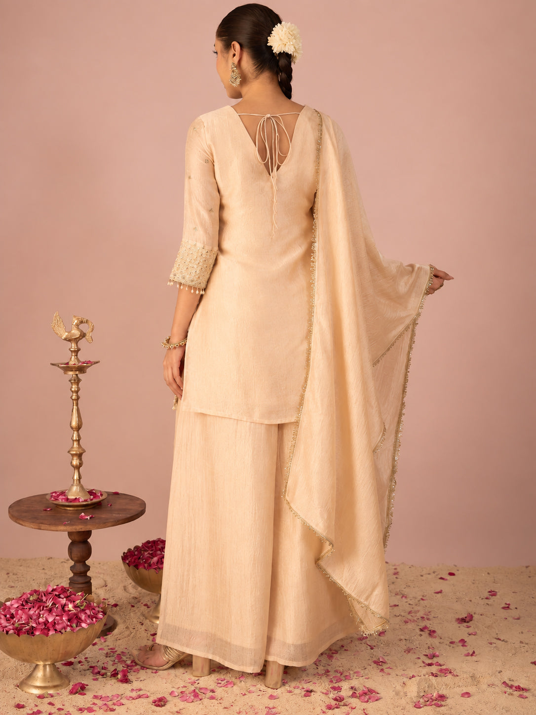 Janasya Women's Beige Silk Blend Beads Zari Embroidered Straight Kurta with Palazzo And Dupatta Set