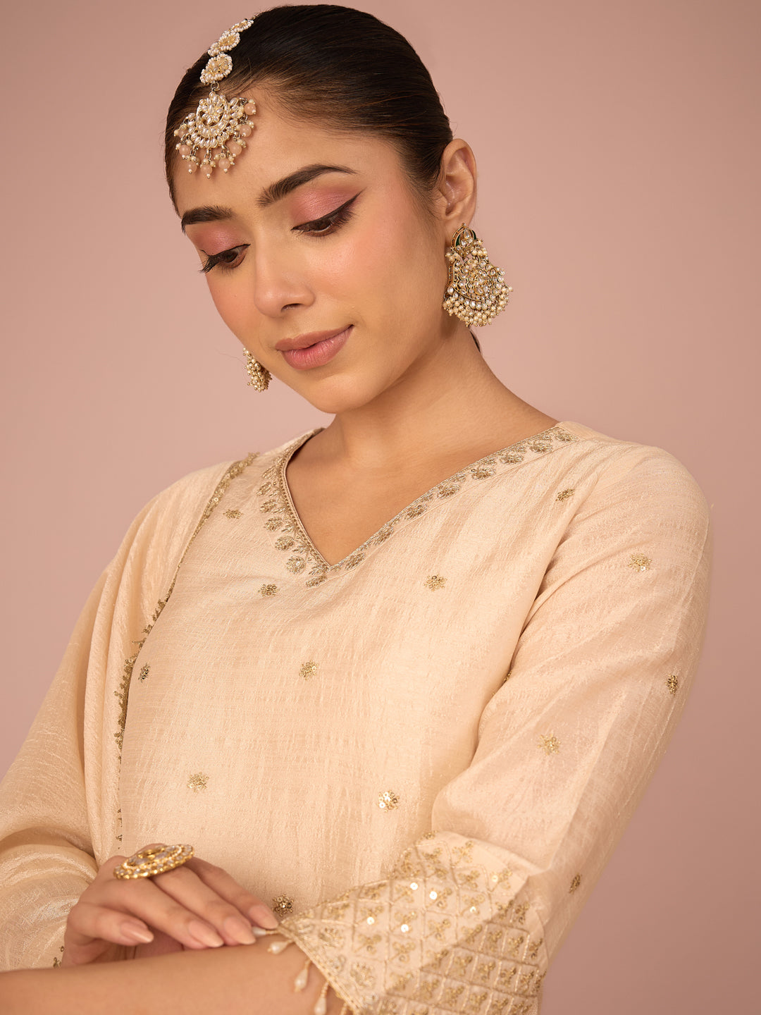 Janasya Women's Beige Silk Blend Beads Zari Embroidered Straight Kurta with Palazzo And Dupatta Set