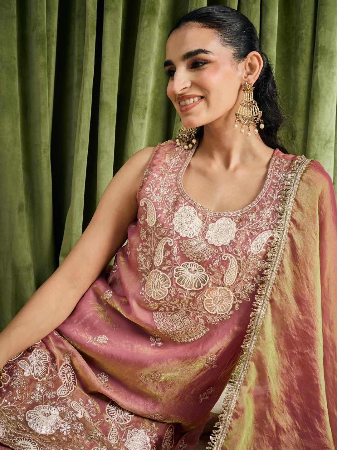 Janasya Women's Metallic Pink Silk Blend Floral Embroidered Straight Kurta with Sharara and Dupatta Set