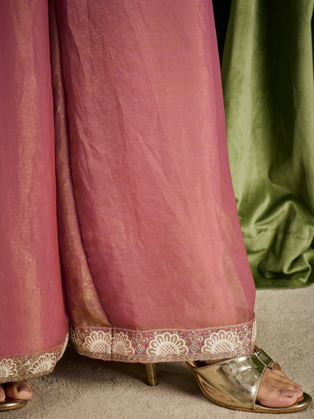 Janasya Women's Metallic Pink Silk Blend Floral Embroidered Straight Kurta with Sharara and Dupatta Set