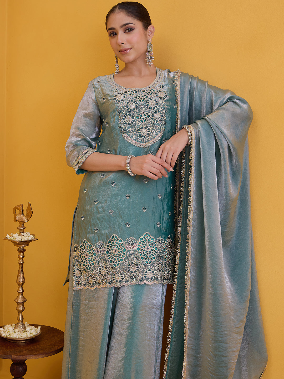 Janasya Women's Sea Green Silk Blend Floral Embroidered Straight Kurta with Sharara and Dupatta Set