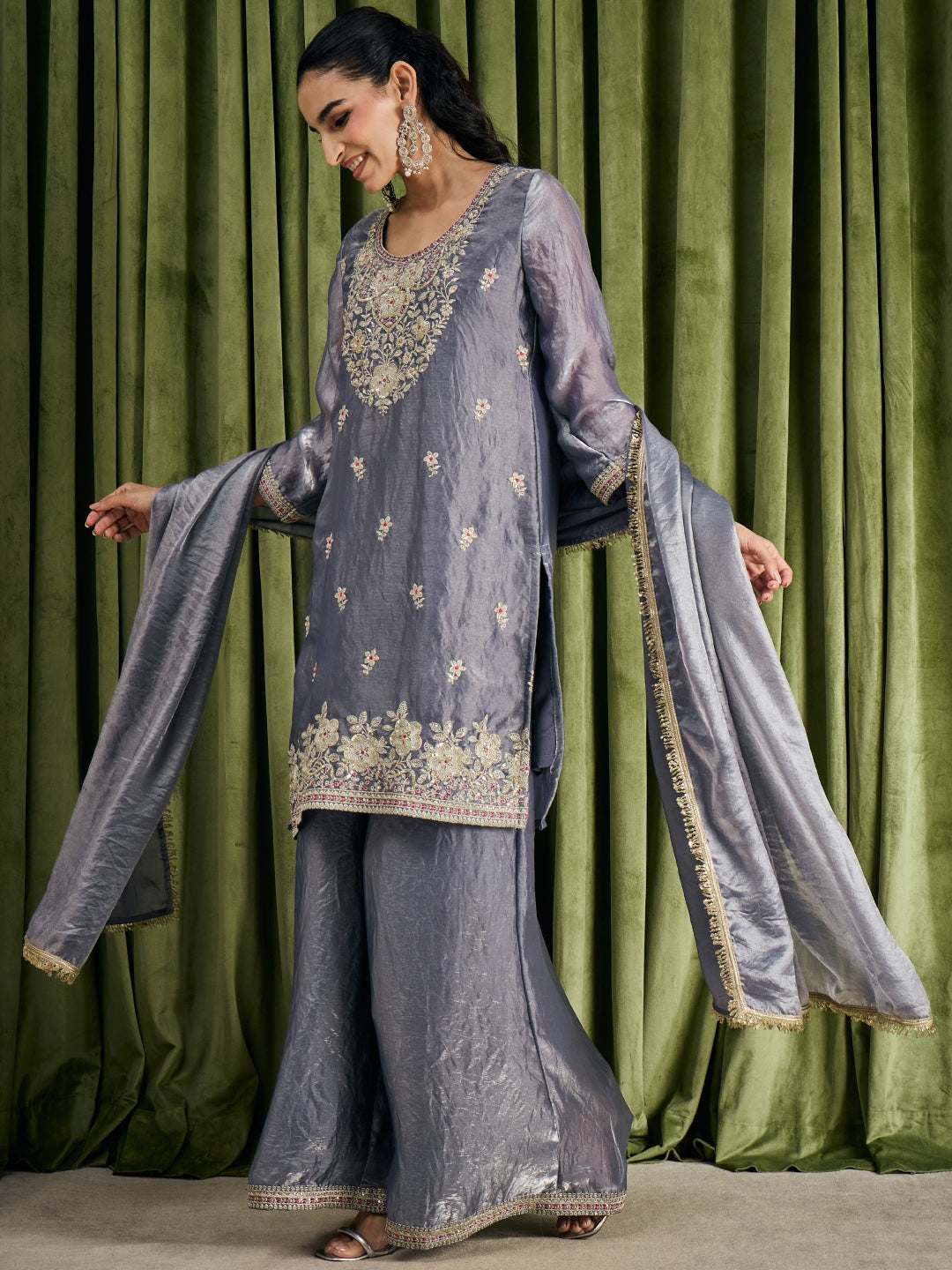 Janasya Women's Grey Silk Blend Floral Embroidered Straight Kurta with Sharara and Dupatta Set