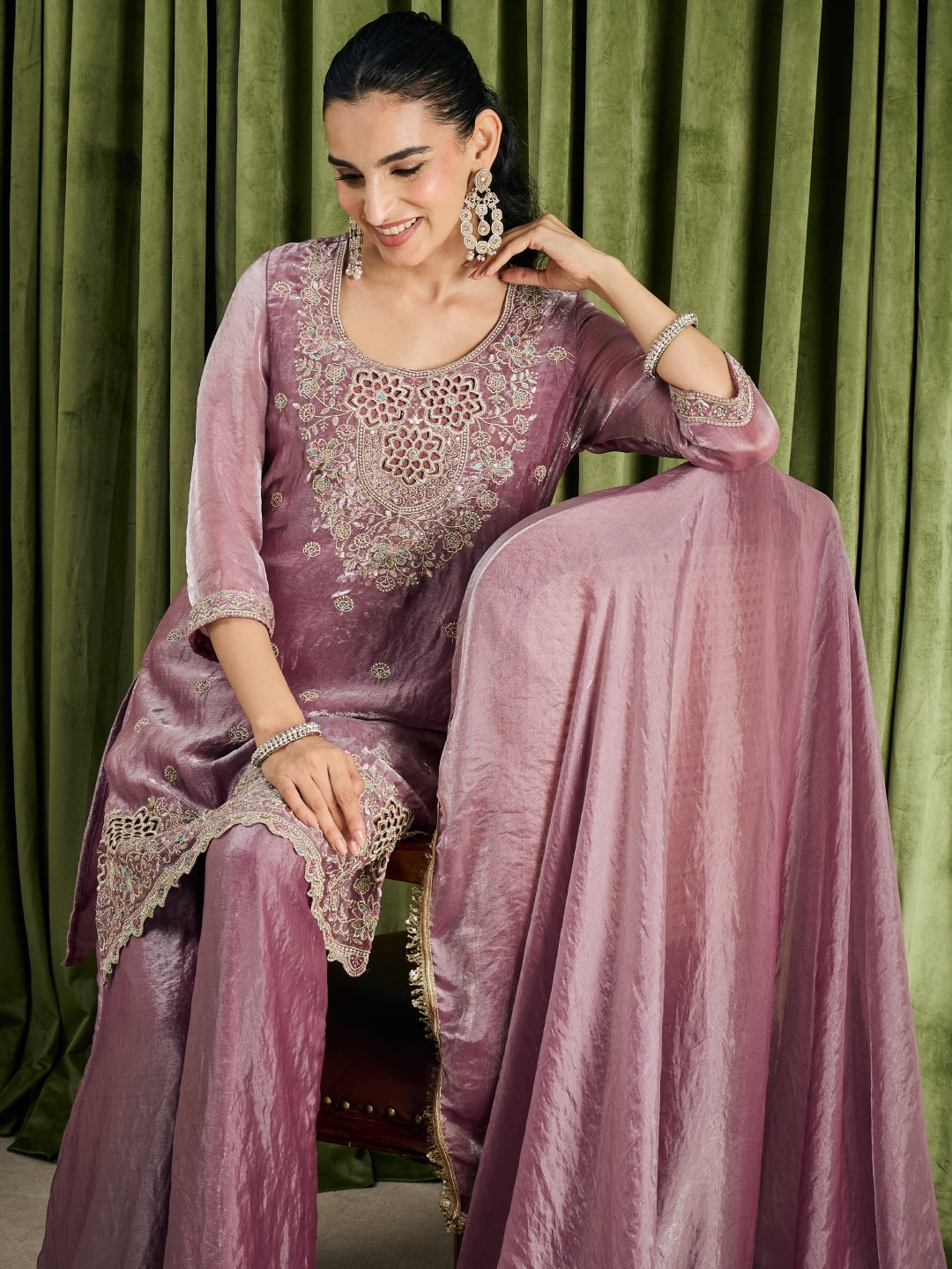 Janasya Women's Lavender Silk Blend Floral Sequins Zari Embroidered Straight Kurta with Palazzo and Dupatta Set