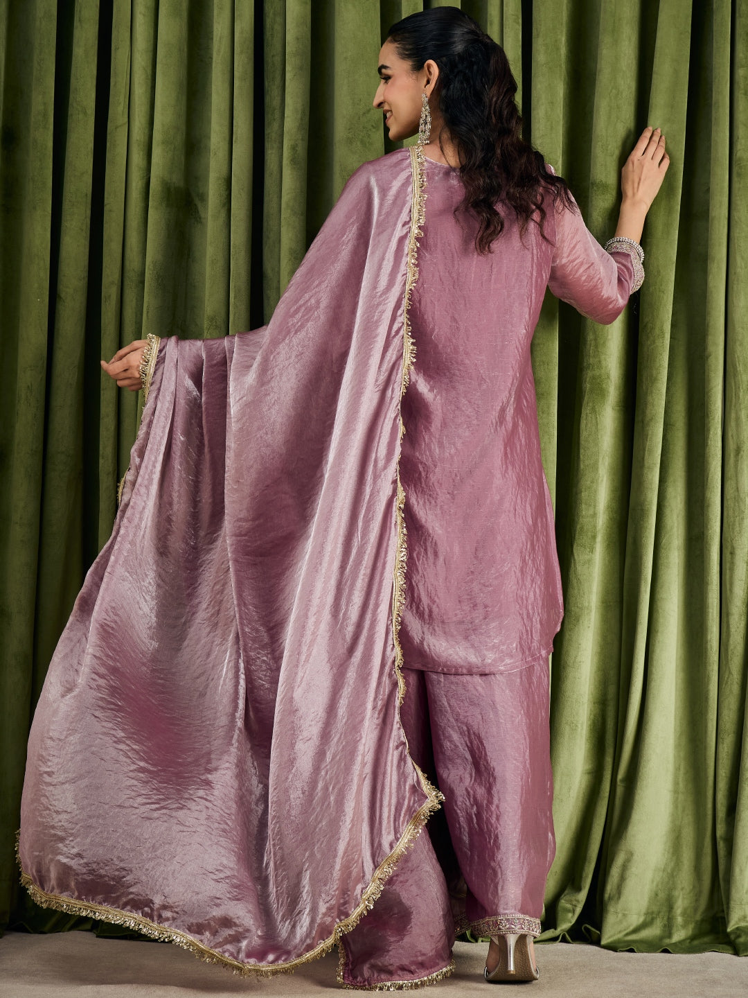 Janasya Women's Lavender Silk Blend Floral Sequins Zari Embroidered Straight Kurta with Palazzo and Dupatta Set