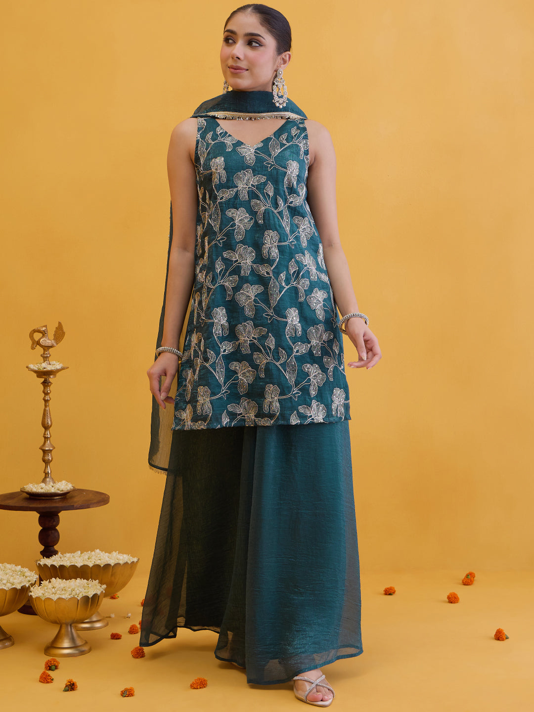 Janasya Women's Teal Blue Tissue Silk Floral Zari Embroidered Straight Kurta with Sharara and Dupatta Set