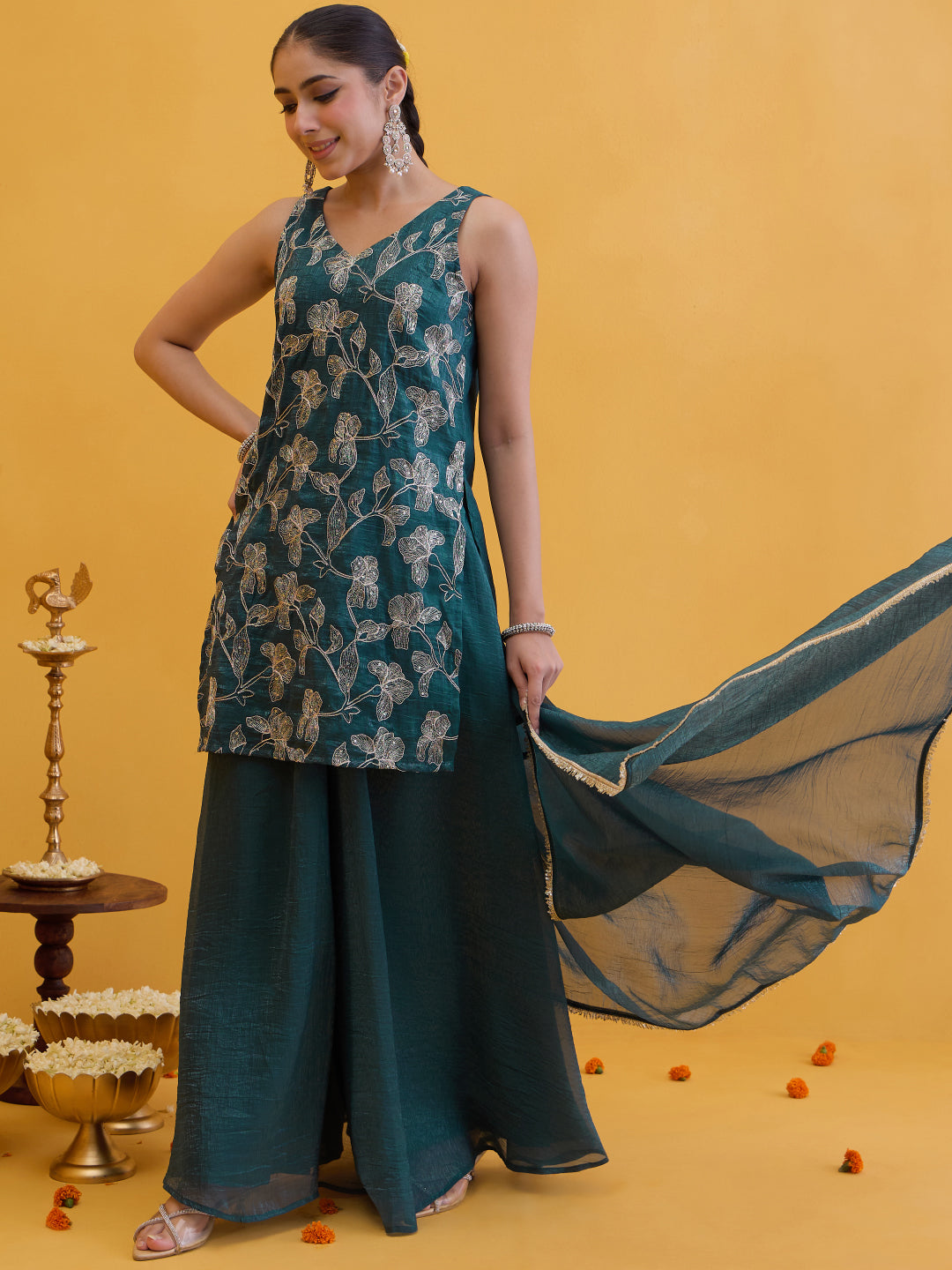 Janasya Women's Teal Blue Tissue Silk Floral Zari Embroidered Straight Kurta with Sharara and Dupatta Set