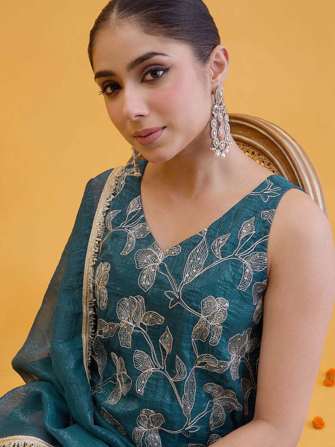 Janasya Women's Teal Blue Tissue Silk Floral Zari Embroidered Straight Kurta with Sharara and Dupatta Set
