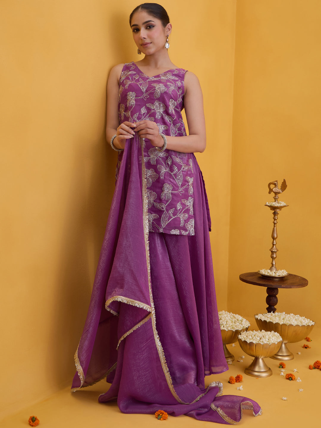 Janasya Women's Lavender Tissue Silk Floral Zari Embroidered Straight Kurta with Sharara and Dupatta Set