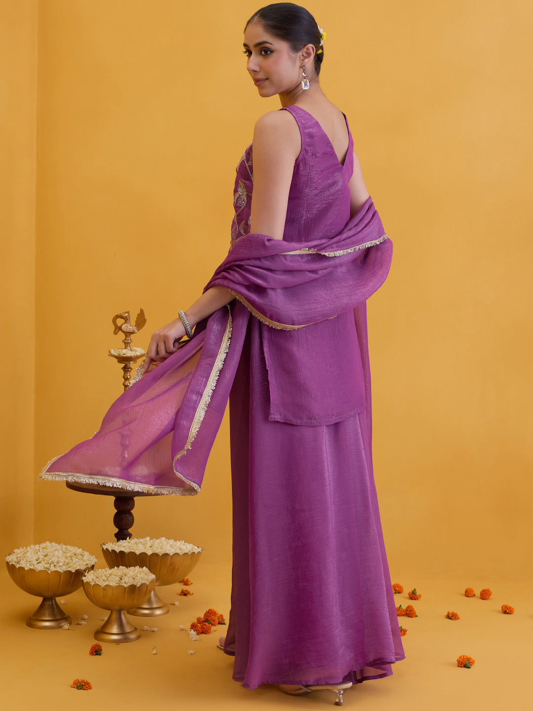 Janasya Women's Lavender Tissue Silk Floral Zari Embroidered Straight Kurta with Sharara and Dupatta Set