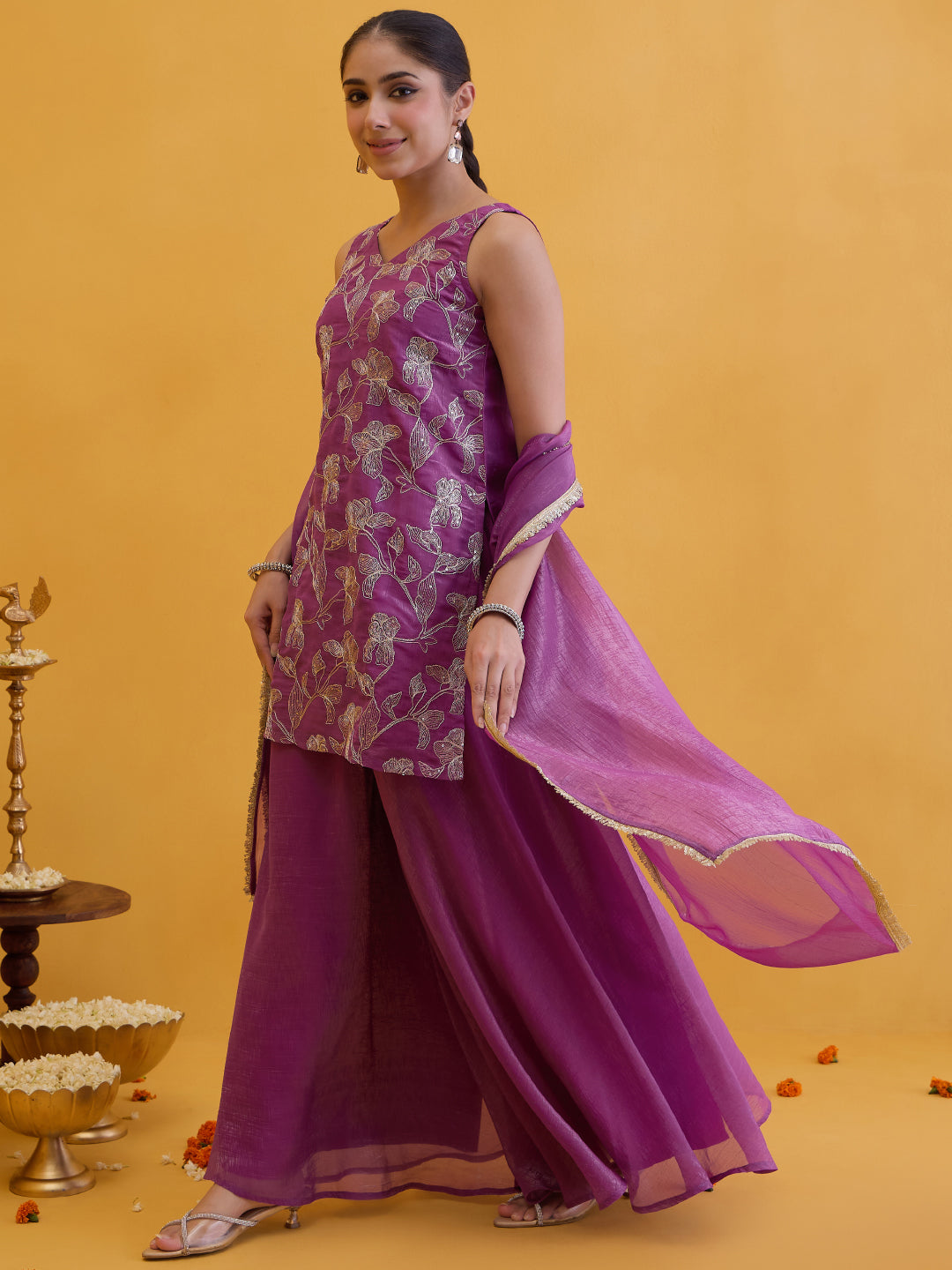 Janasya Women's Lavender Tissue Silk Floral Zari Embroidered Straight Kurta with Sharara and Dupatta Set