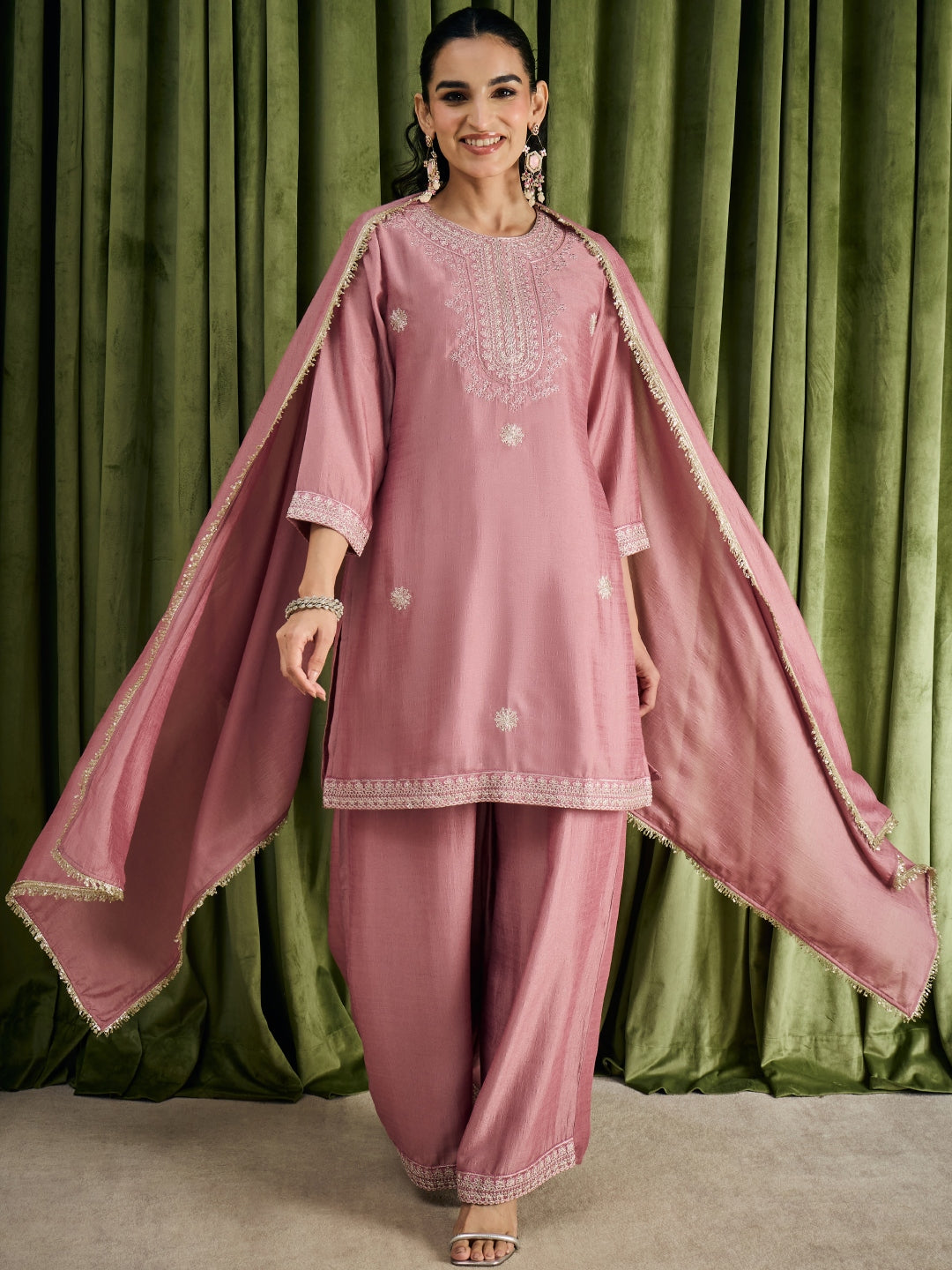 Janasya Women's Dusky Pink Silk Blend Floral Zari Embroidered Straight Kurta with Palazzo and Dupatta Set