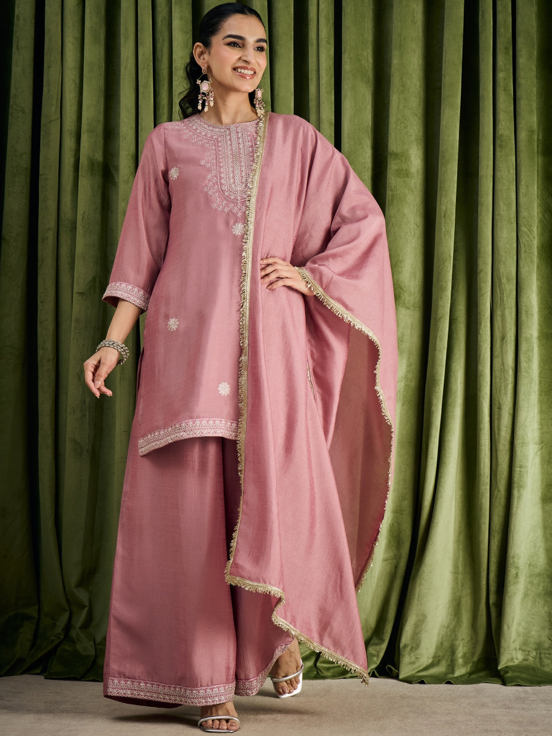 Janasya Women's Dusky Pink Silk Blend Floral Zari Embroidered Straight Kurta with Palazzo and Dupatta Set