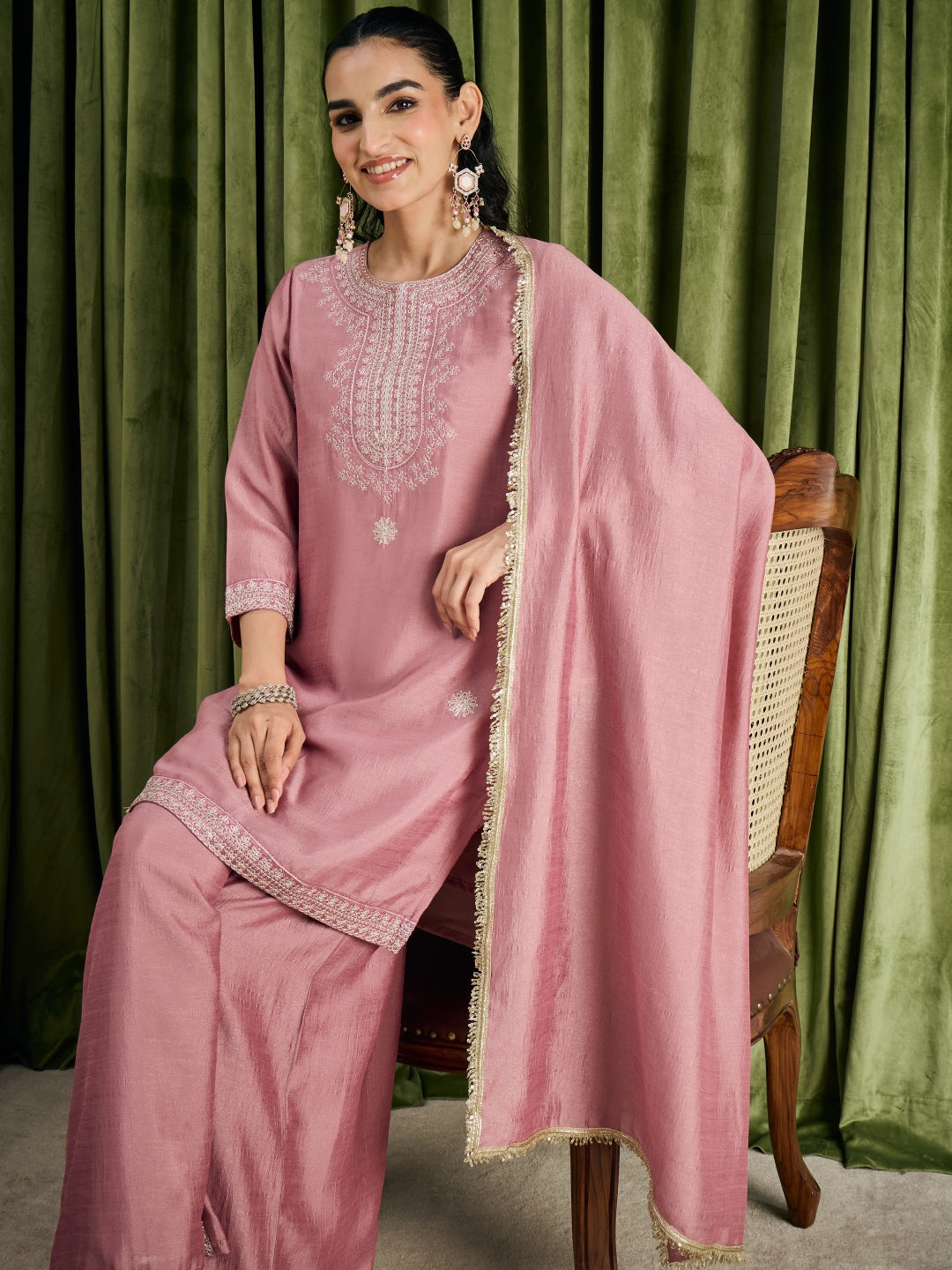 Janasya Women's Dusky Pink Silk Blend Floral Zari Embroidered Straight Kurta with Palazzo and Dupatta Set