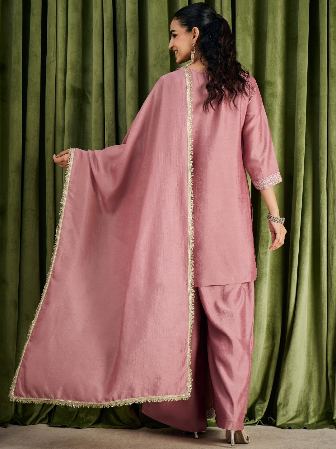 Janasya Women's Dusky Pink Silk Blend Floral Zari Embroidered Straight Kurta with Palazzo and Dupatta Set