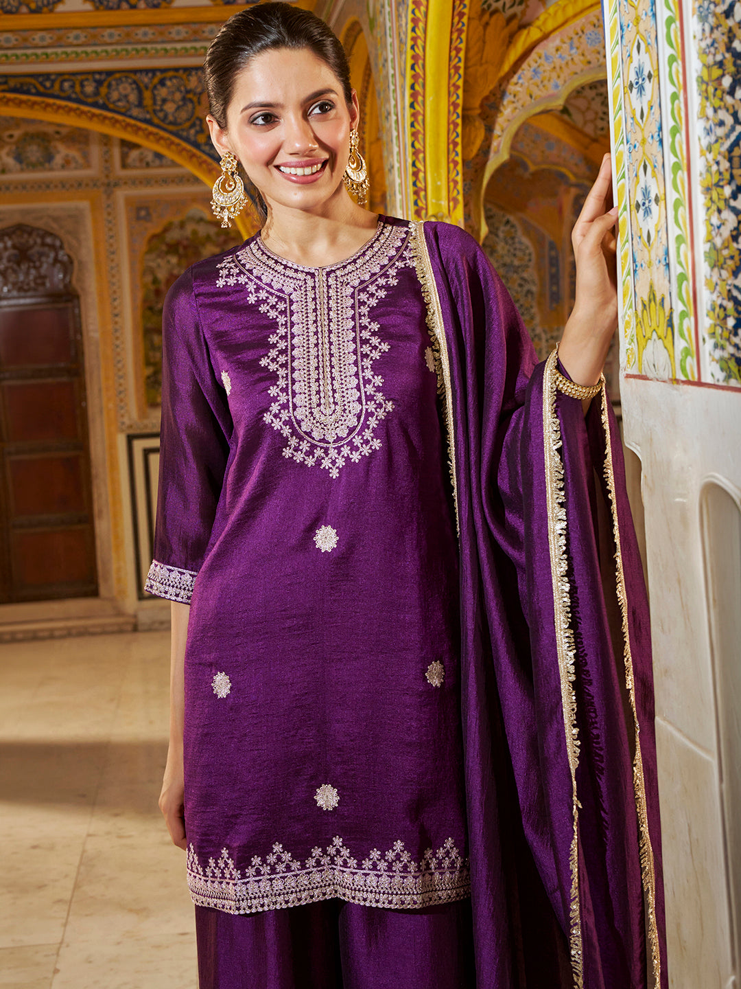 Janasya Women's Purple Silk Blend Floral Embroidered Straight Kurta with Sharara and Dupatta Set