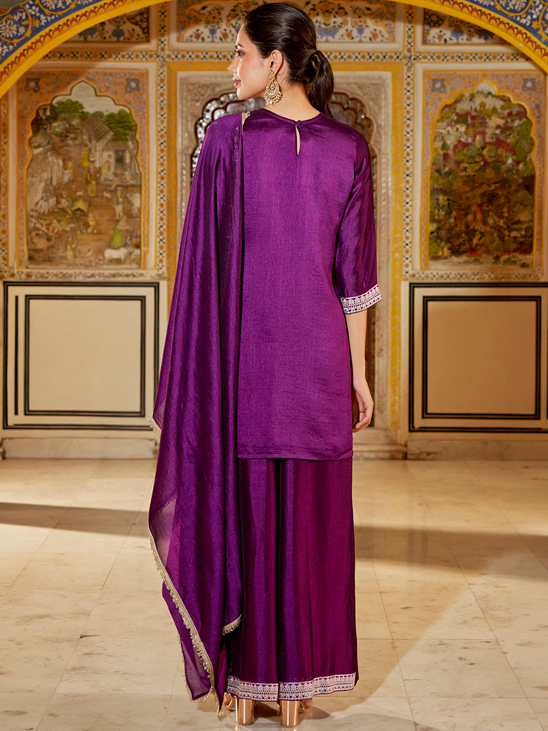Janasya Women's Purple Silk Blend Floral Embroidered Straight Kurta with Sharara and Dupatta Set