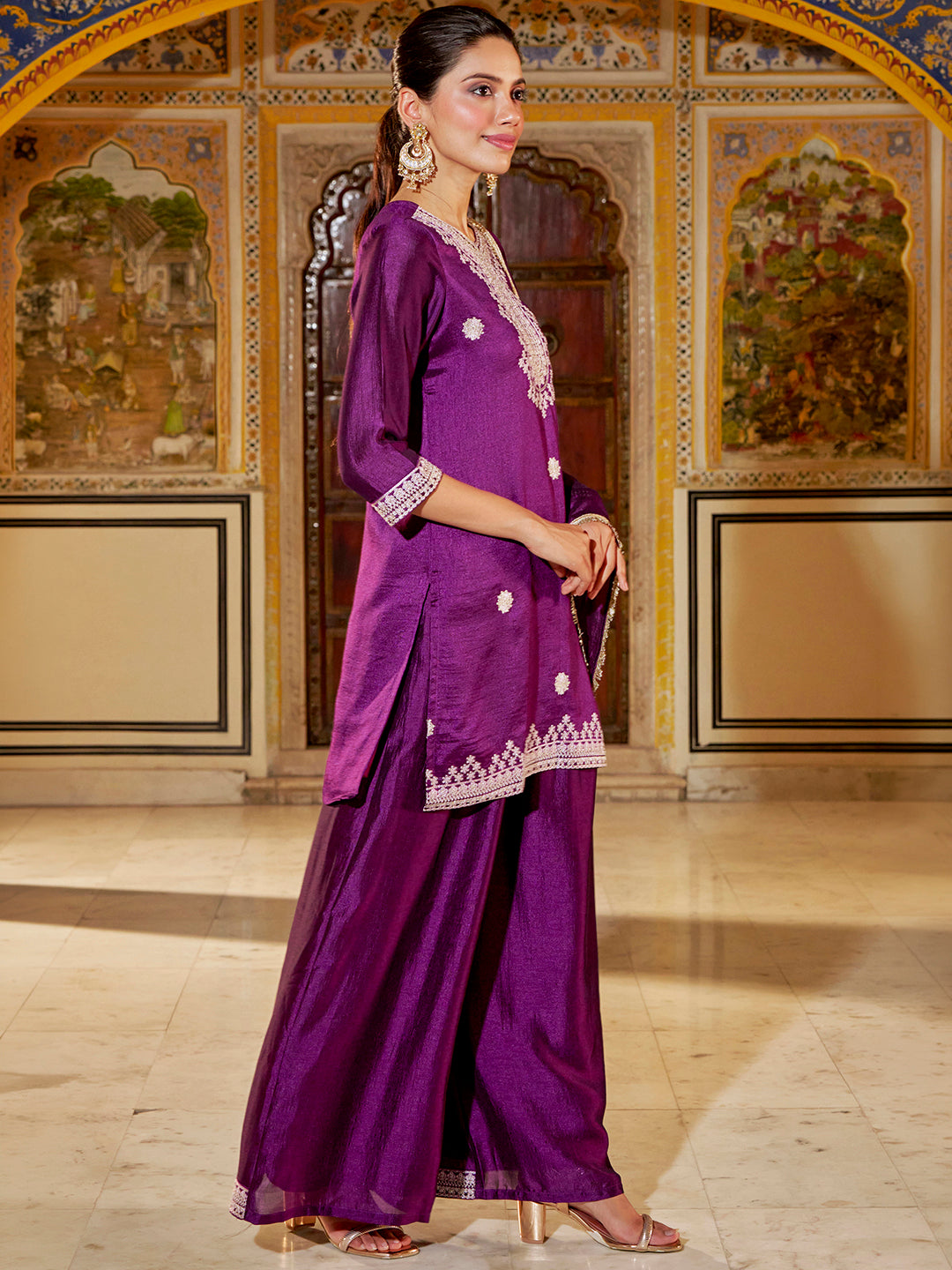 Janasya Women's Purple Silk Blend Floral Embroidered Straight Kurta with Sharara and Dupatta Set
