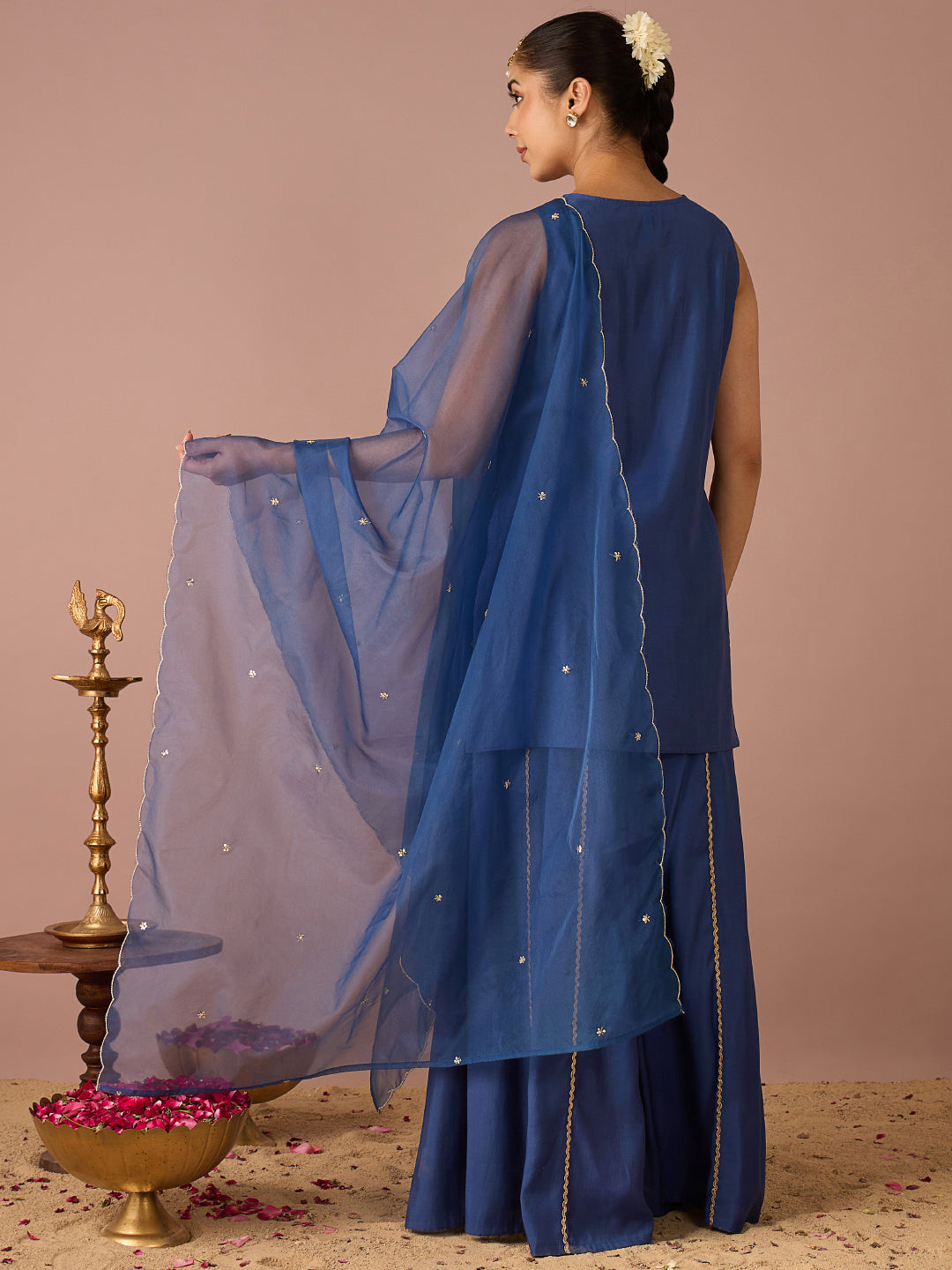 Janasya Women's Navy Blue Chanderi Silk Floral Sequins And Zari Embroidered Straight Kurta with Sharara And Dupatta Set