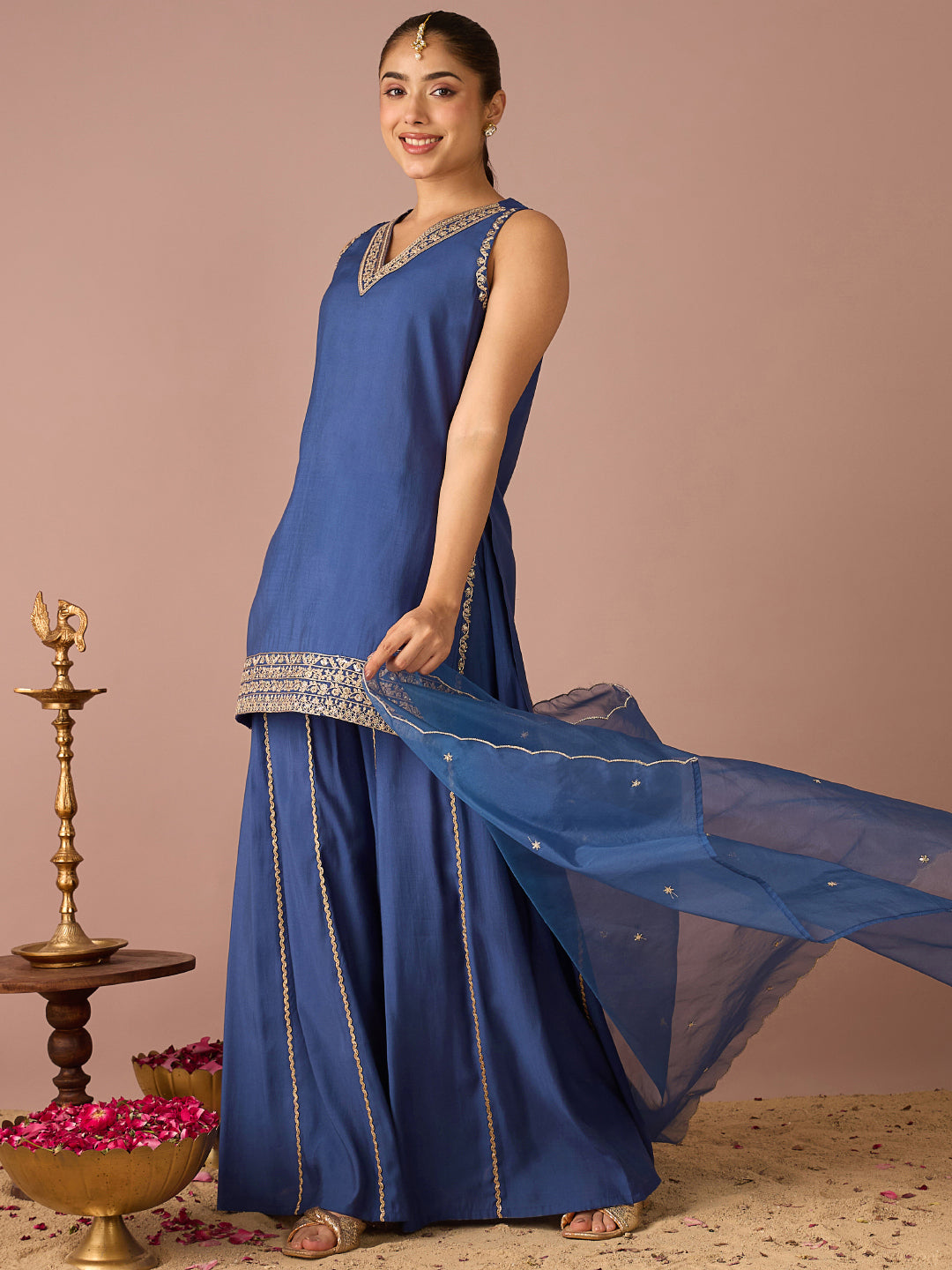 Janasya Women's Navy Blue Chanderi Silk Floral Sequins And Zari Embroidered Straight Kurta with Sharara And Dupatta Set