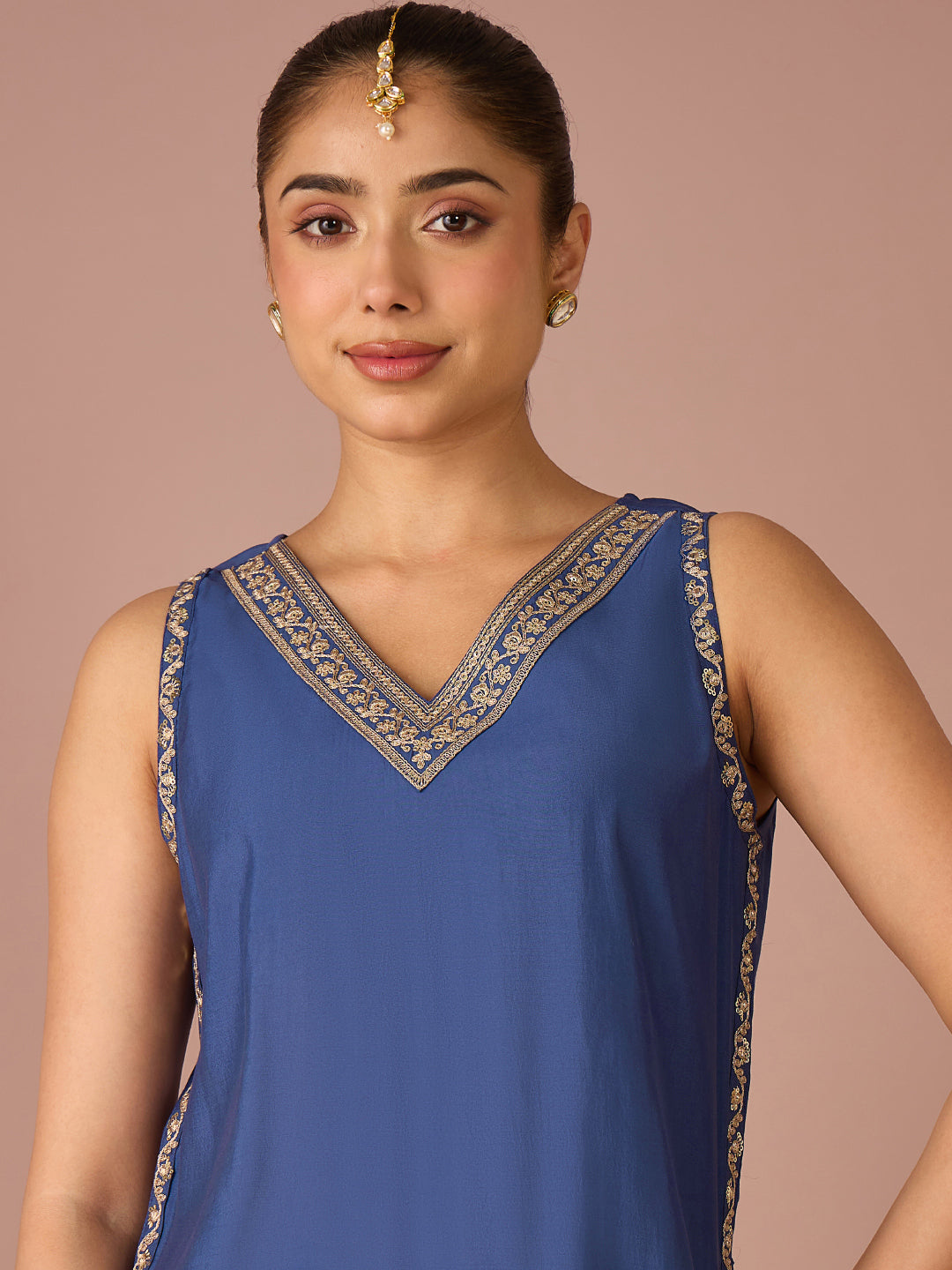 Janasya Women's Navy Blue Chanderi Silk Floral Sequins And Zari Embroidered Straight Kurta with Sharara And Dupatta Set