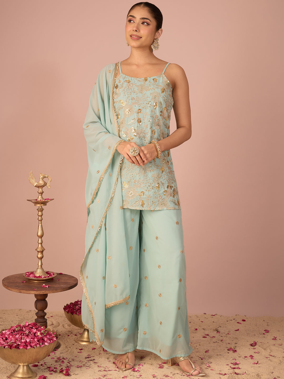 Janasya Women's Sea Green Georgette Floral Zari Embroidered & Sequinned Straight Kurta with Palazzo And Dupatta Set