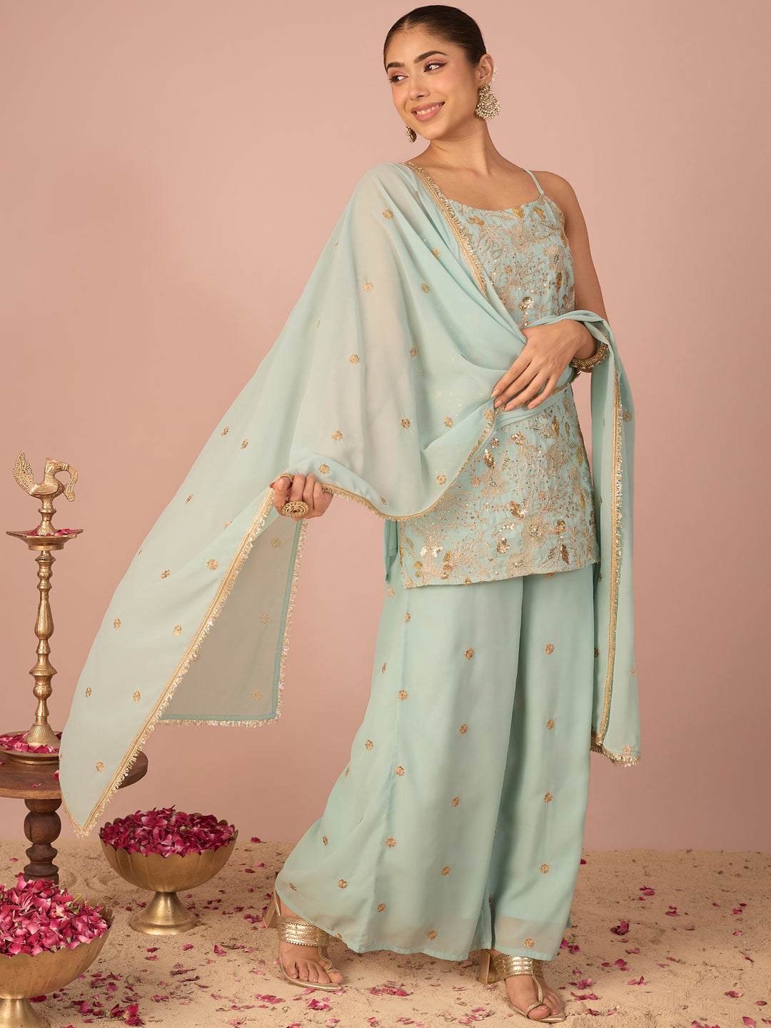 Janasya Women's Sea Green Georgette Floral Zari Embroidered & Sequinned Straight Kurta with Palazzo And Dupatta Set