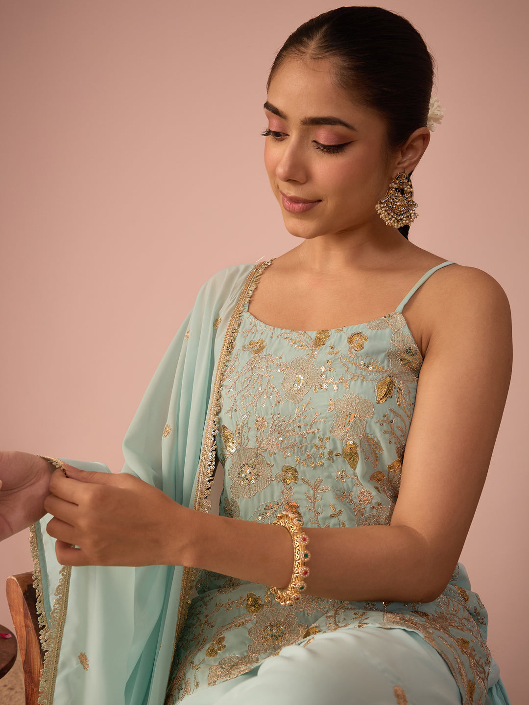 Janasya Women's Sea Green Georgette Floral Zari Embroidered & Sequinned Straight Kurta with Palazzo And Dupatta Set