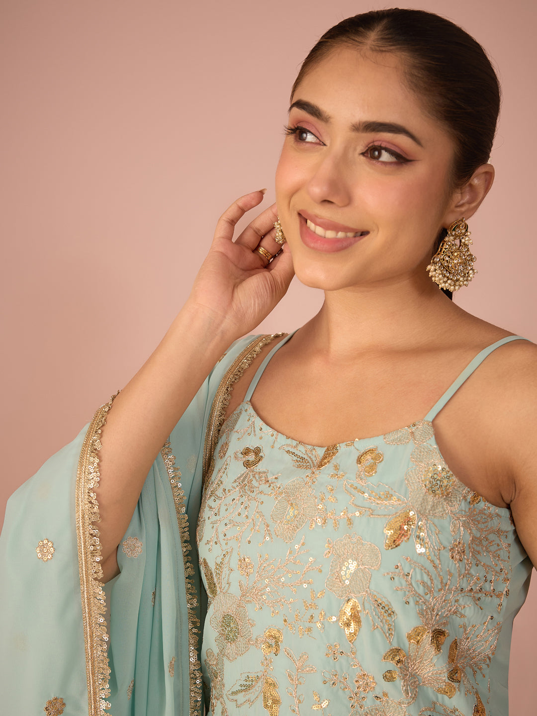 Janasya Women's Sea Green Georgette Floral Zari Embroidered & Sequinned Straight Kurta with Palazzo And Dupatta Set