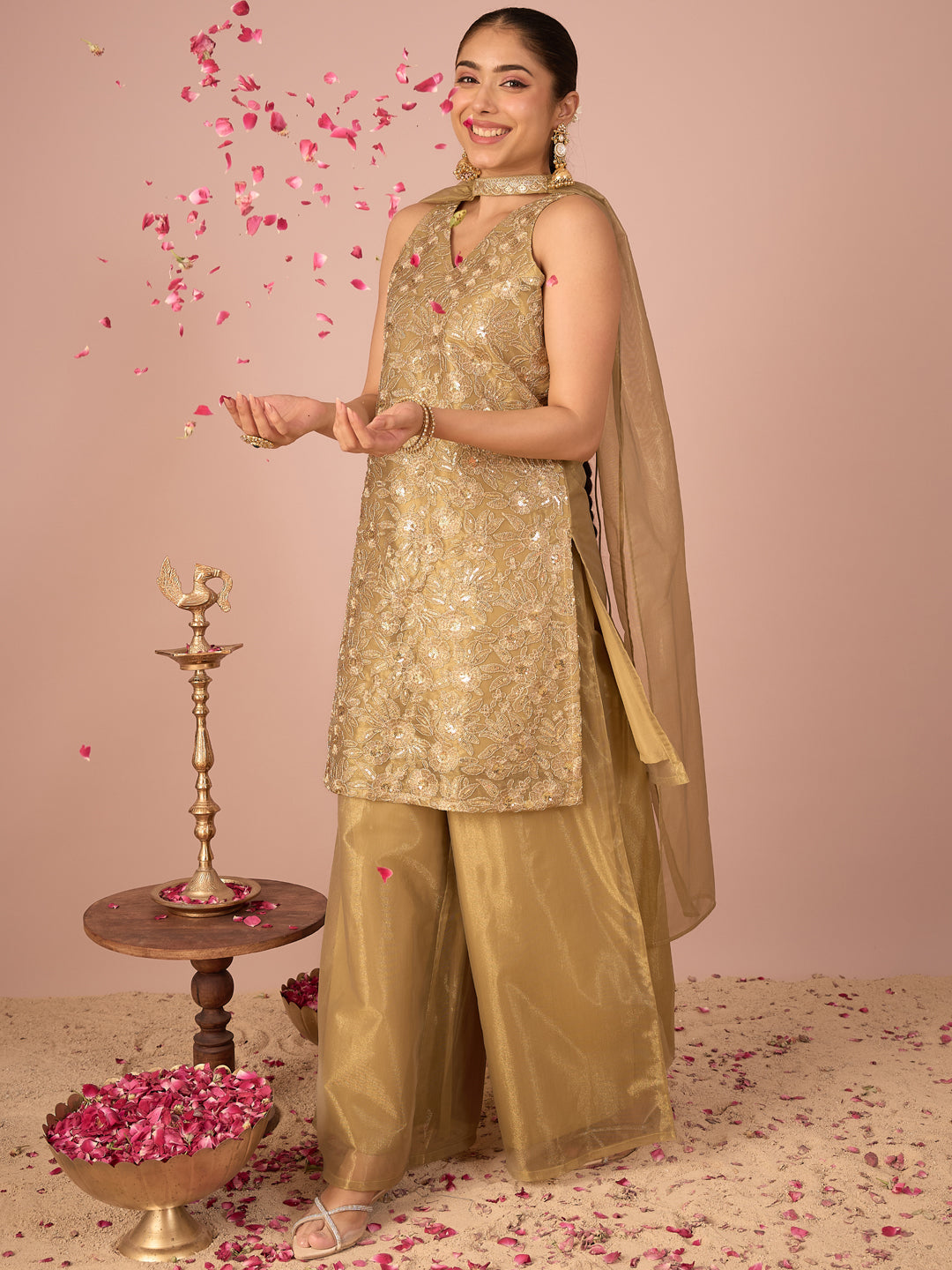 Janasya Women's Olive Green Shimmer Net Zari Embroidered & Sequinned Straight Kurta with Palazzo & Choker Dupatta Set