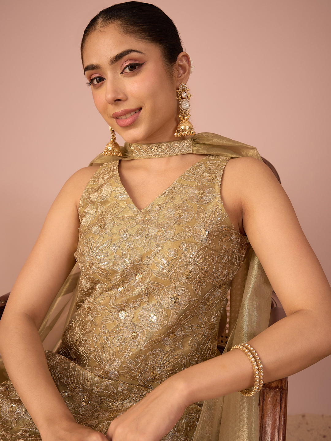 Janasya Women's Olive Green Shimmer Net Zari Embroidered & Sequinned Straight Kurta with Palazzo & Choker Dupatta Set