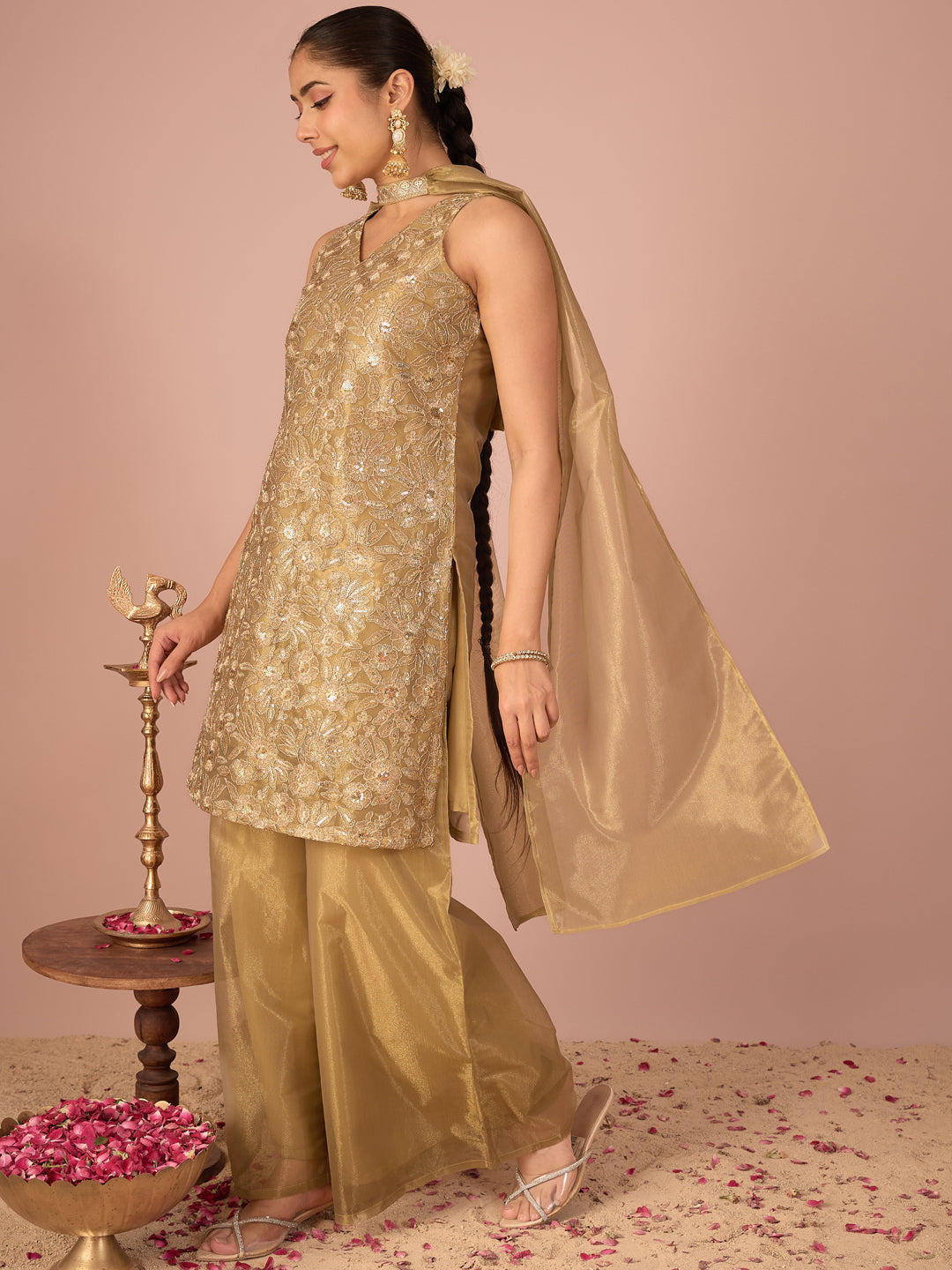 Janasya Women's Olive Green Shimmer Net Zari Embroidered & Sequinned Straight Kurta with Palazzo & Choker Dupatta Set