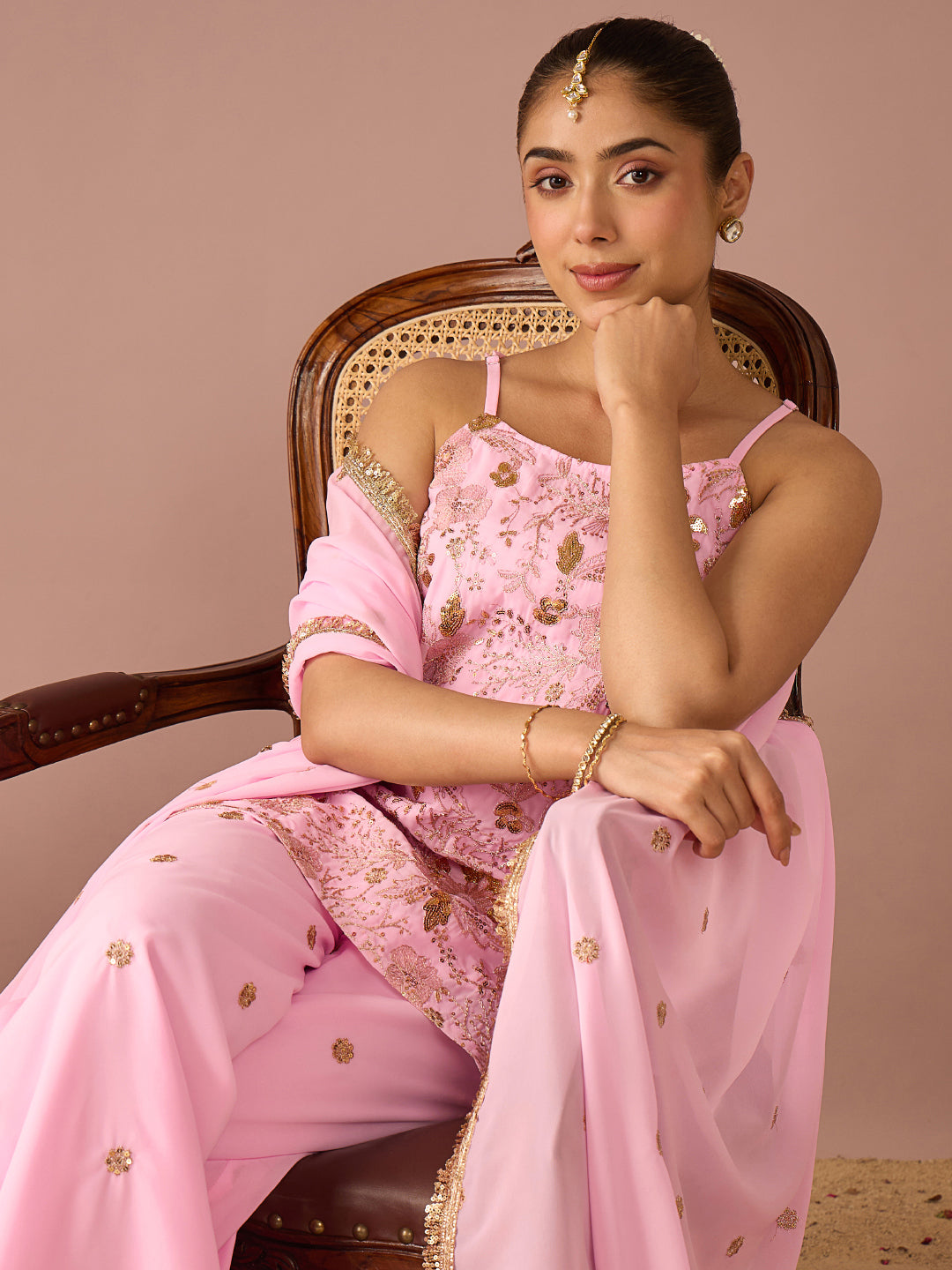 Janasya Women's Light Pink Georgette Floral Zari Embroidered & Sequinned Straight Kurta with Palazzo and Dupatta Set