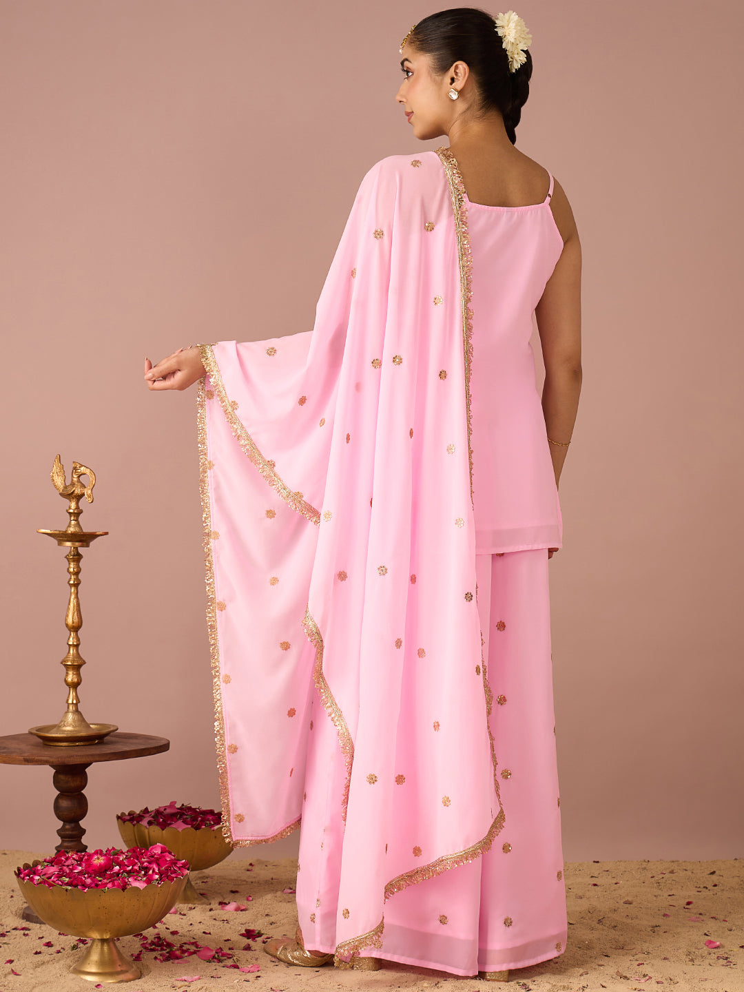 Janasya Women's Light Pink Georgette Floral Zari Embroidered & Sequinned Straight Kurta with Palazzo and Dupatta Set