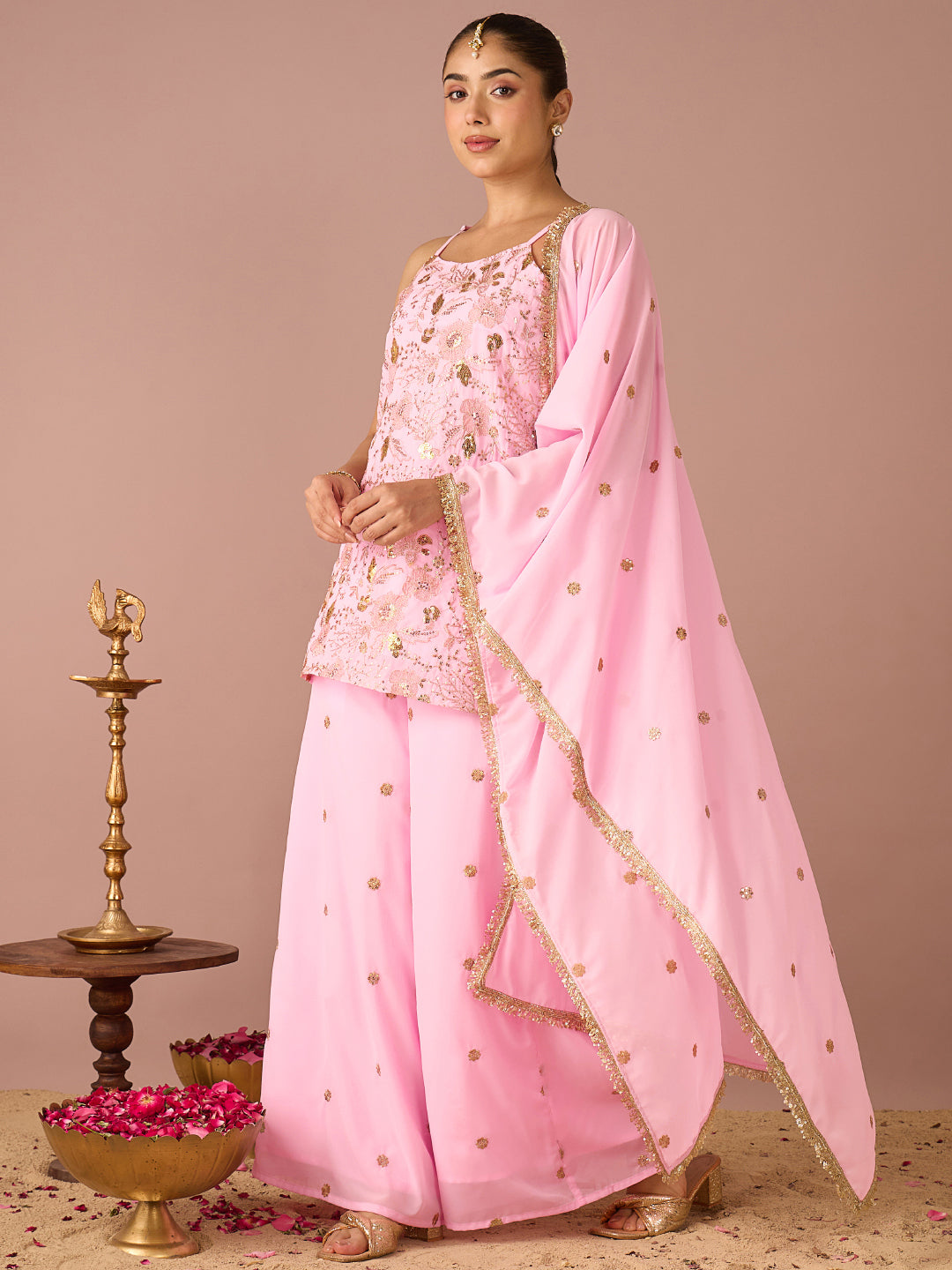 Janasya Women's Light Pink Georgette Floral Zari Embroidered & Sequinned Straight Kurta with Palazzo and Dupatta Set