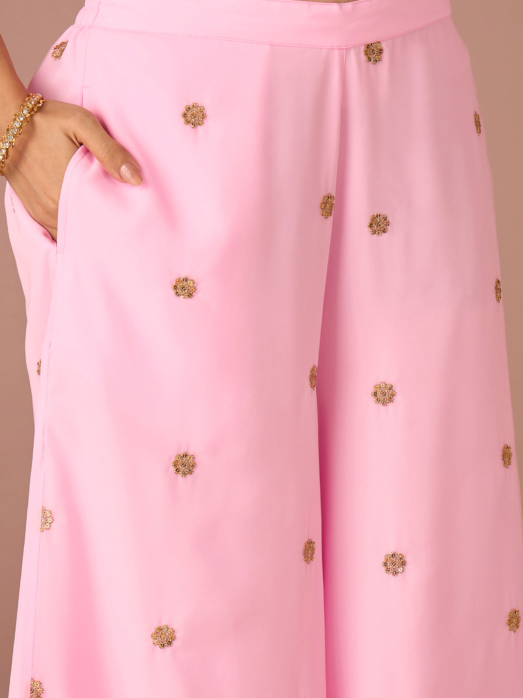 Janasya Women's Light Pink Georgette Floral Zari Embroidered & Sequinned Straight Kurta with Palazzo and Dupatta Set