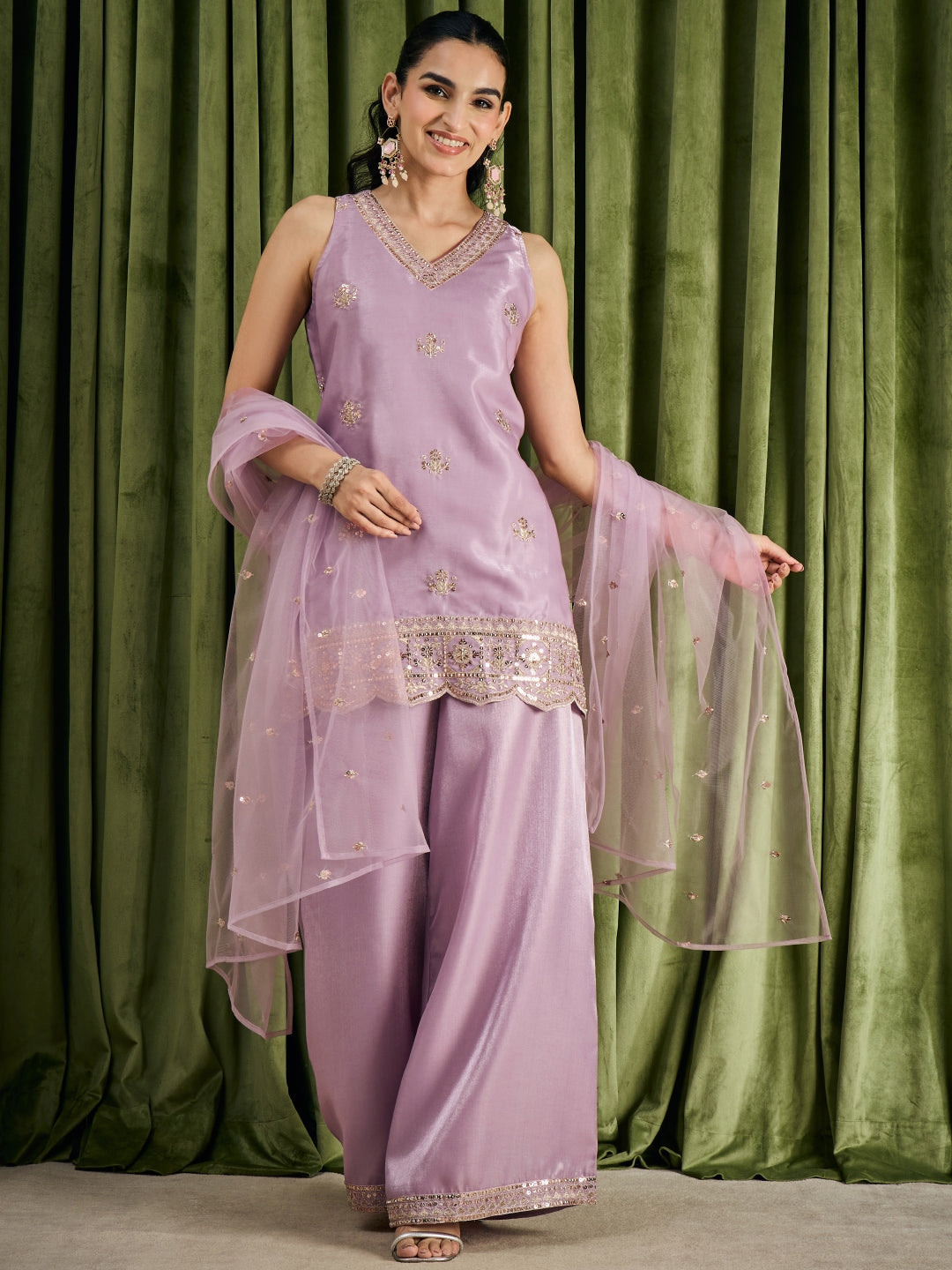 Janasya Women's Lavender Silk Blend Beads Zari Embroidered Straight Kurta with Palazzo And Dupatta Set
