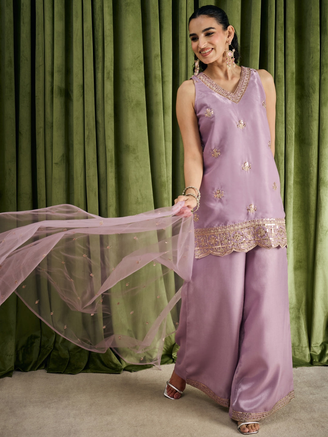 Janasya Women's Lavender Silk Blend Beads Zari Embroidered Straight Kurta with Palazzo And Dupatta Set