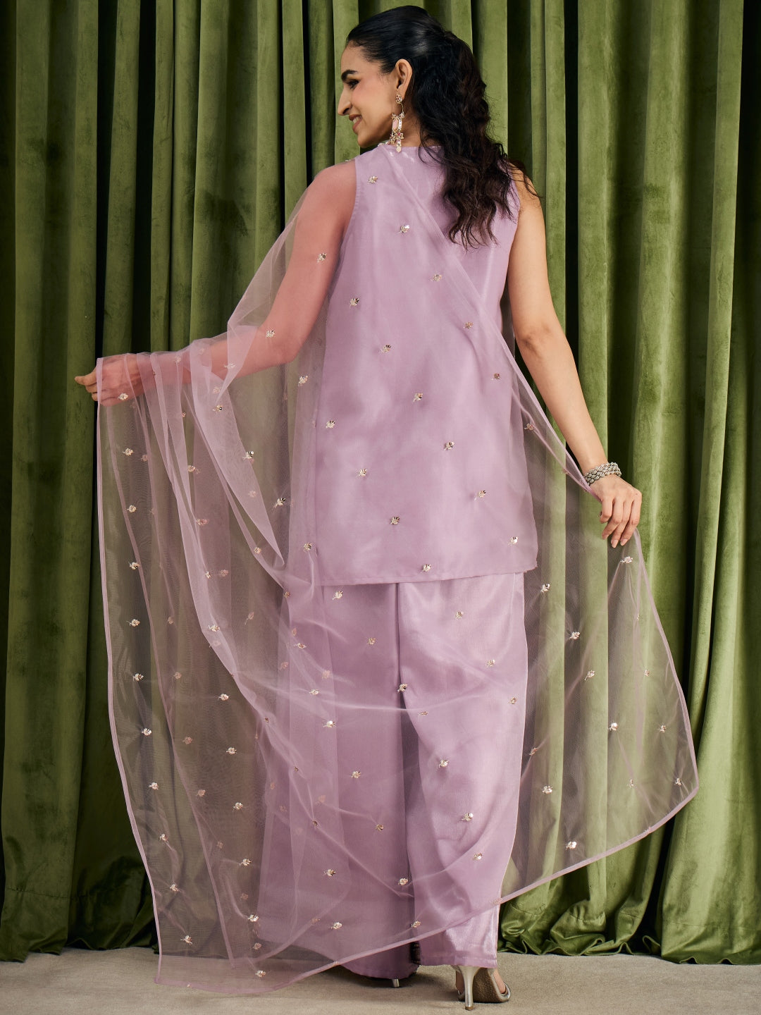 Janasya Women's Lavender Silk Blend Beads Zari Embroidered Straight Kurta with Palazzo And Dupatta Set